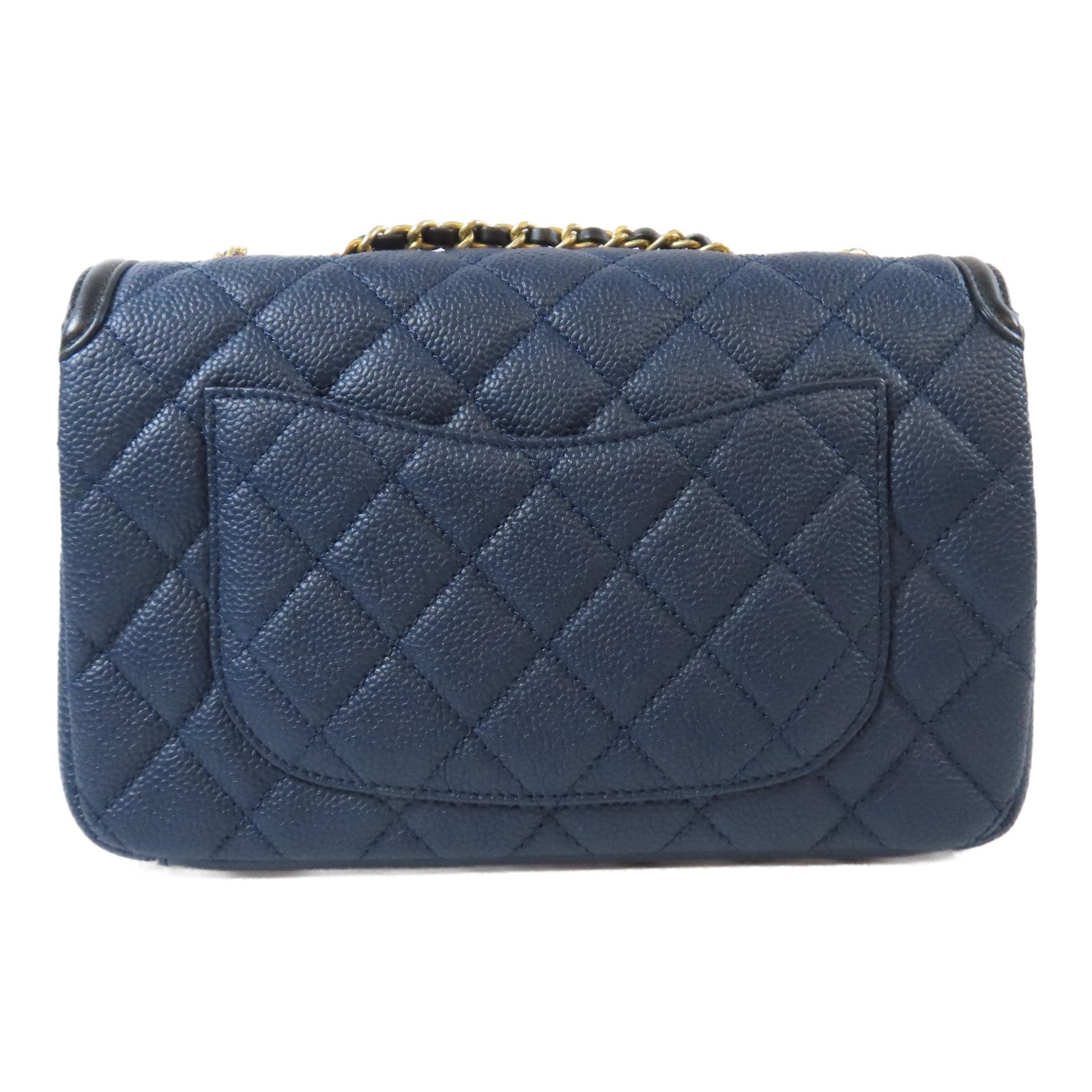 CHANEL 菱格Caviar皮革 Medium CC Filigree Flap金扣鏈帶肩背袋深藍色