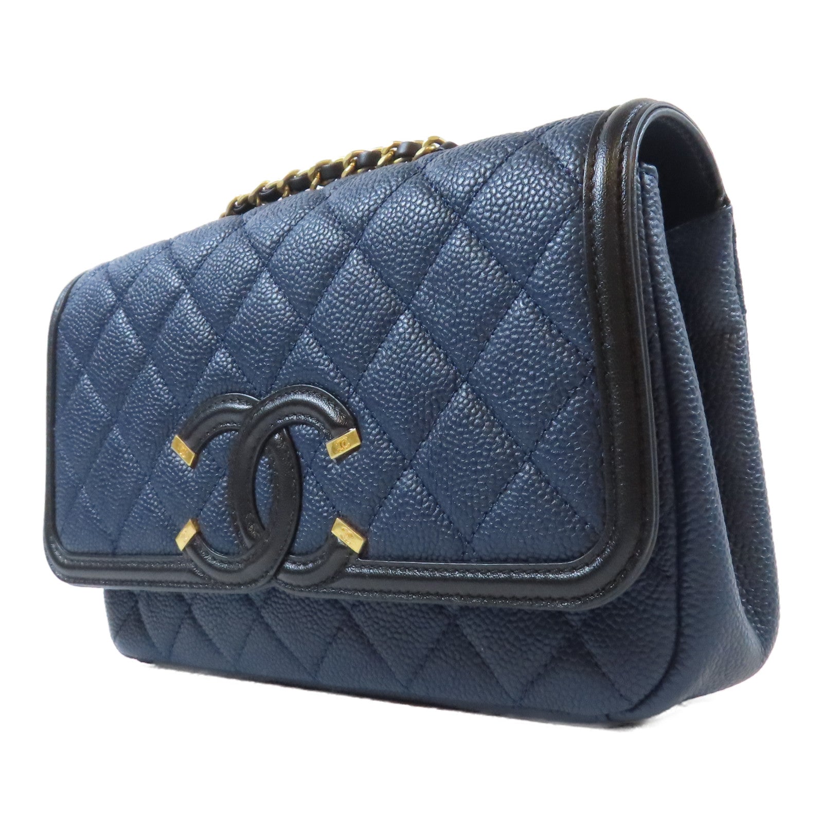 CHANEL 菱格Caviar皮革 Medium CC Filigree Flap金扣鏈帶肩背袋深藍色