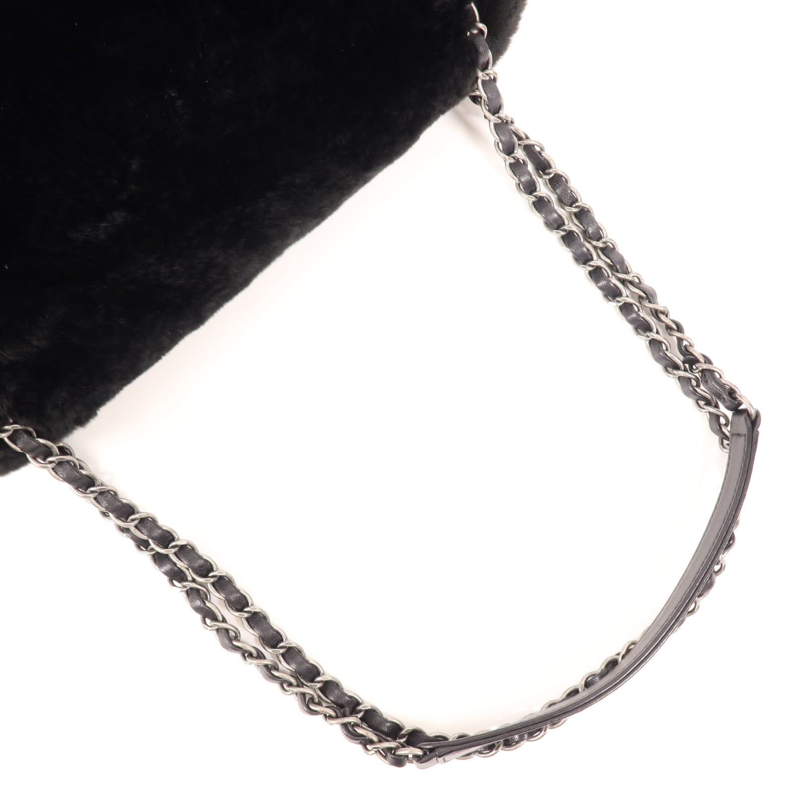 CHANEL 兔毛Chain Shoulder銀扣鏈帶肩背袋