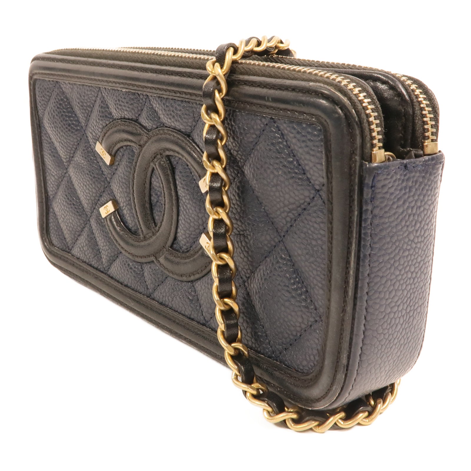 CHANEL 牛皮皮革Filigree Zipper Chain Bag金扣鏈帶肩背袋