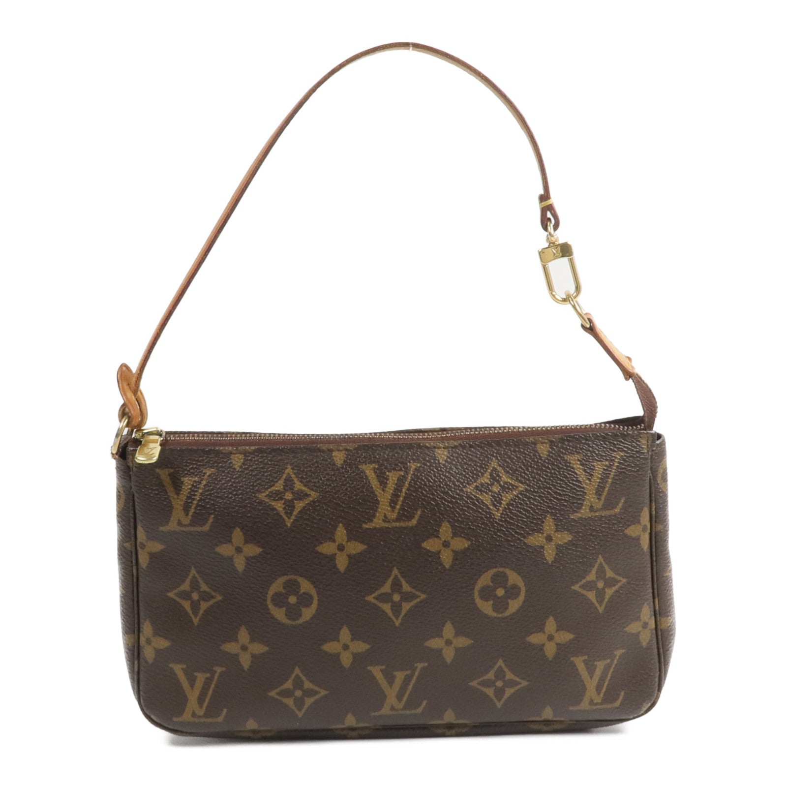 LOUIS VUITTON Monogram Pochette Accessoires金扣手挽袋棕色