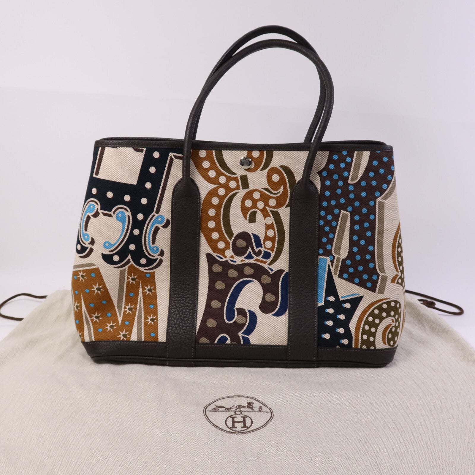 HERMES Toile H/Negonda皮革Garden Party PM銀扣手挽袋Ebene/Beige/Ecru