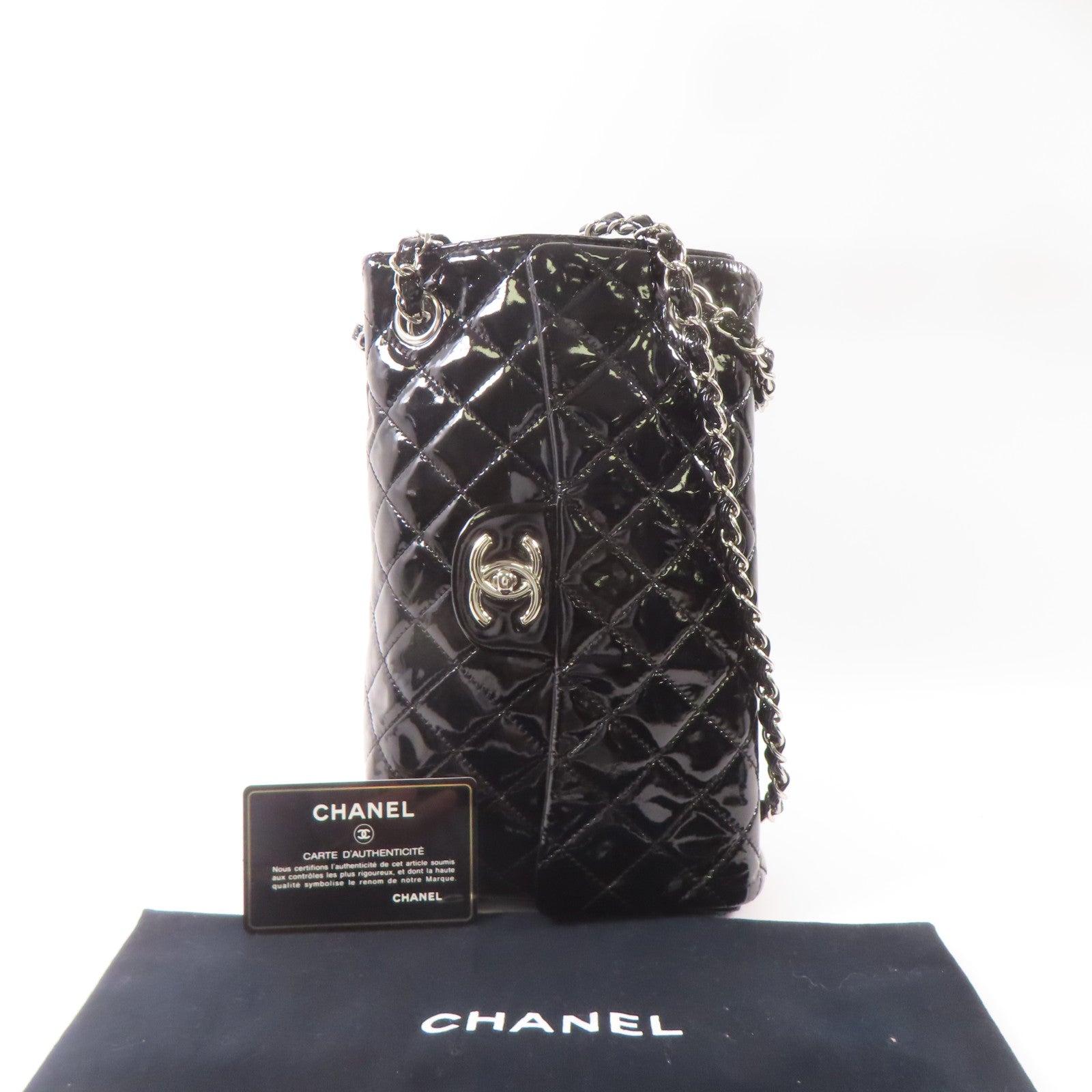 CHANEL 漆皮皮革Upside Down銀扣鏈帶肩背袋黑色