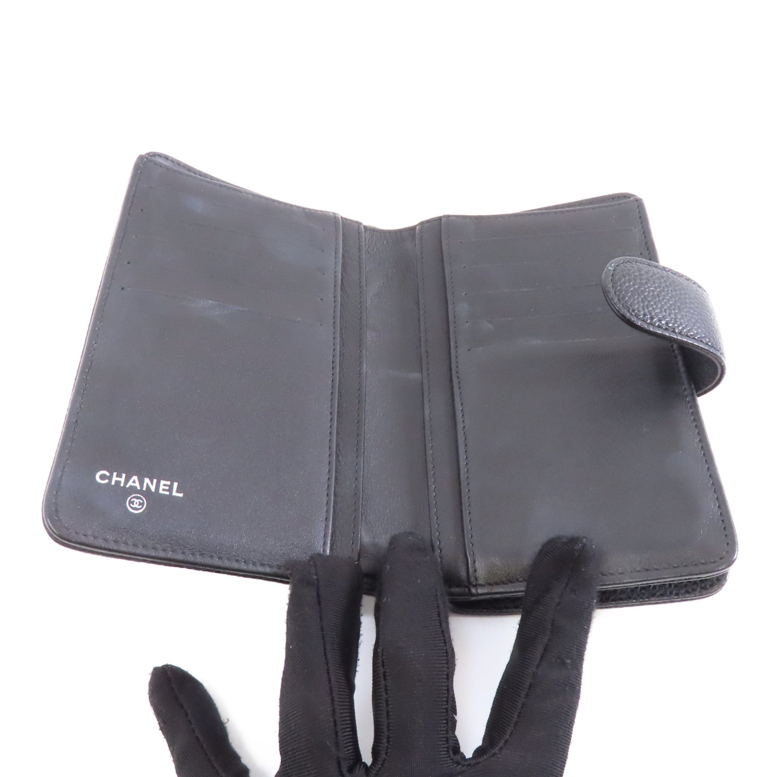 CHANEL 牛皮皮革Wallet銀扣錢包黑色