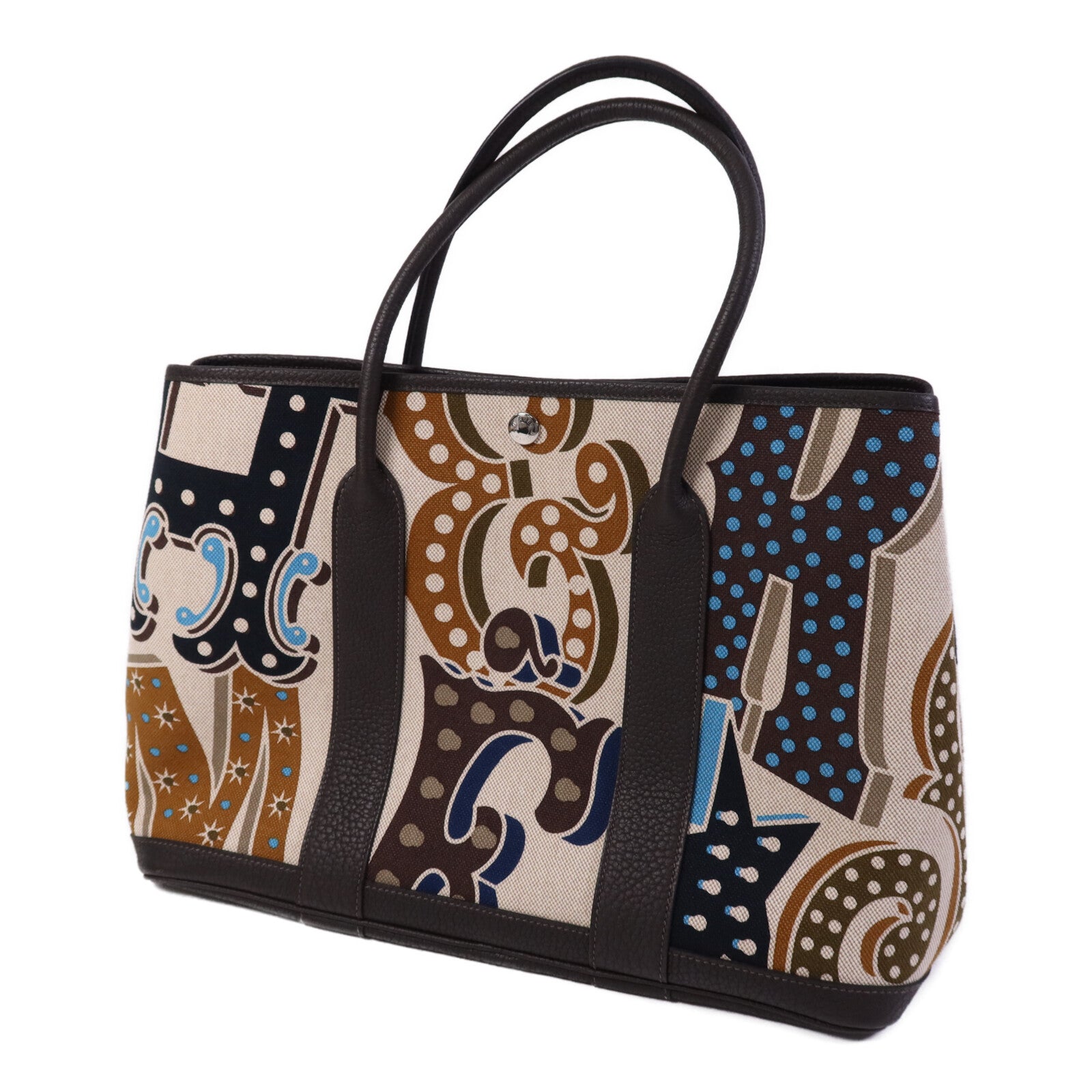 HERMES Toile H/Negonda皮革Garden Party PM銀扣手挽袋Ebene/Beige/Ecru