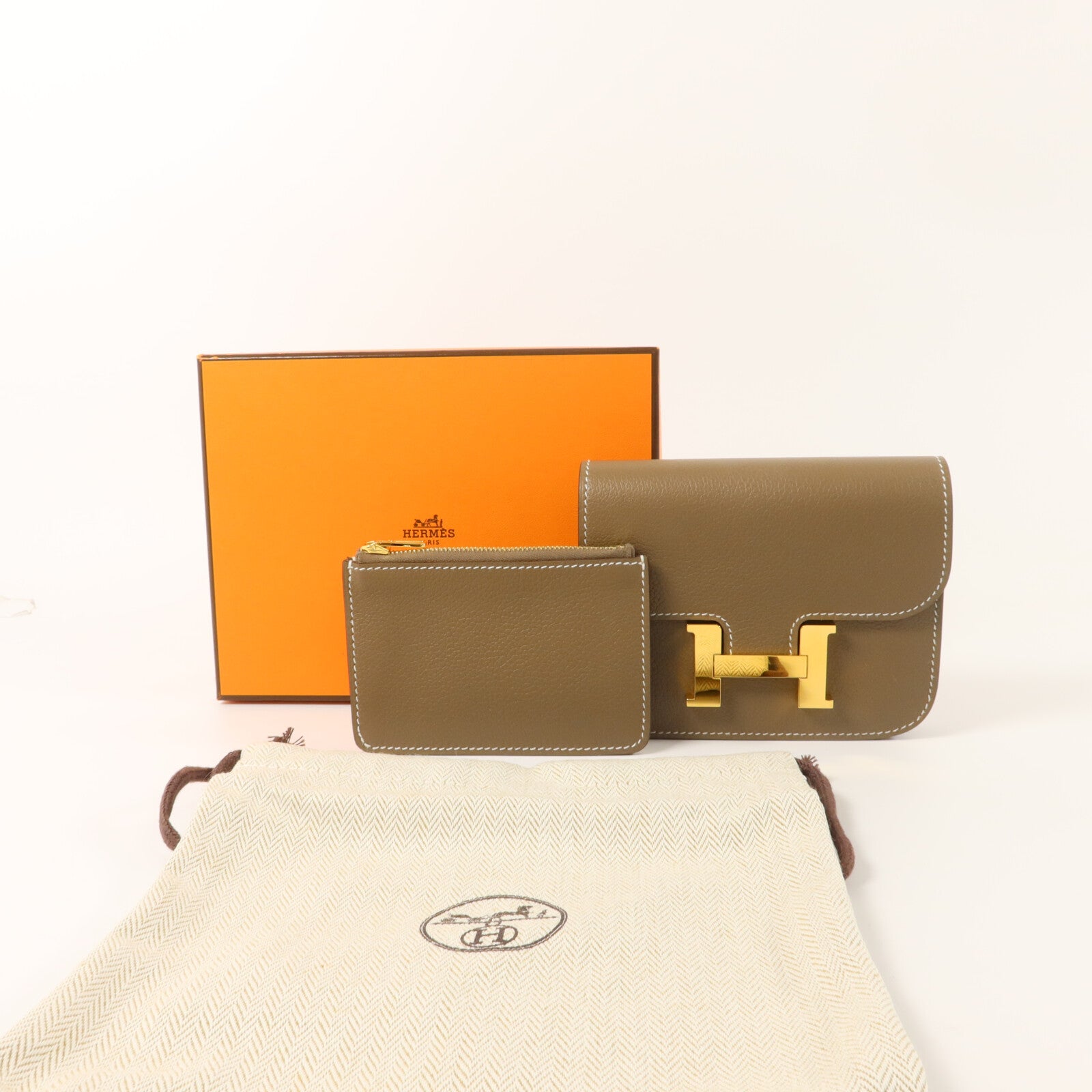 HERMES Evercolor皮革Constance Slim Wallet錢包Etoupe