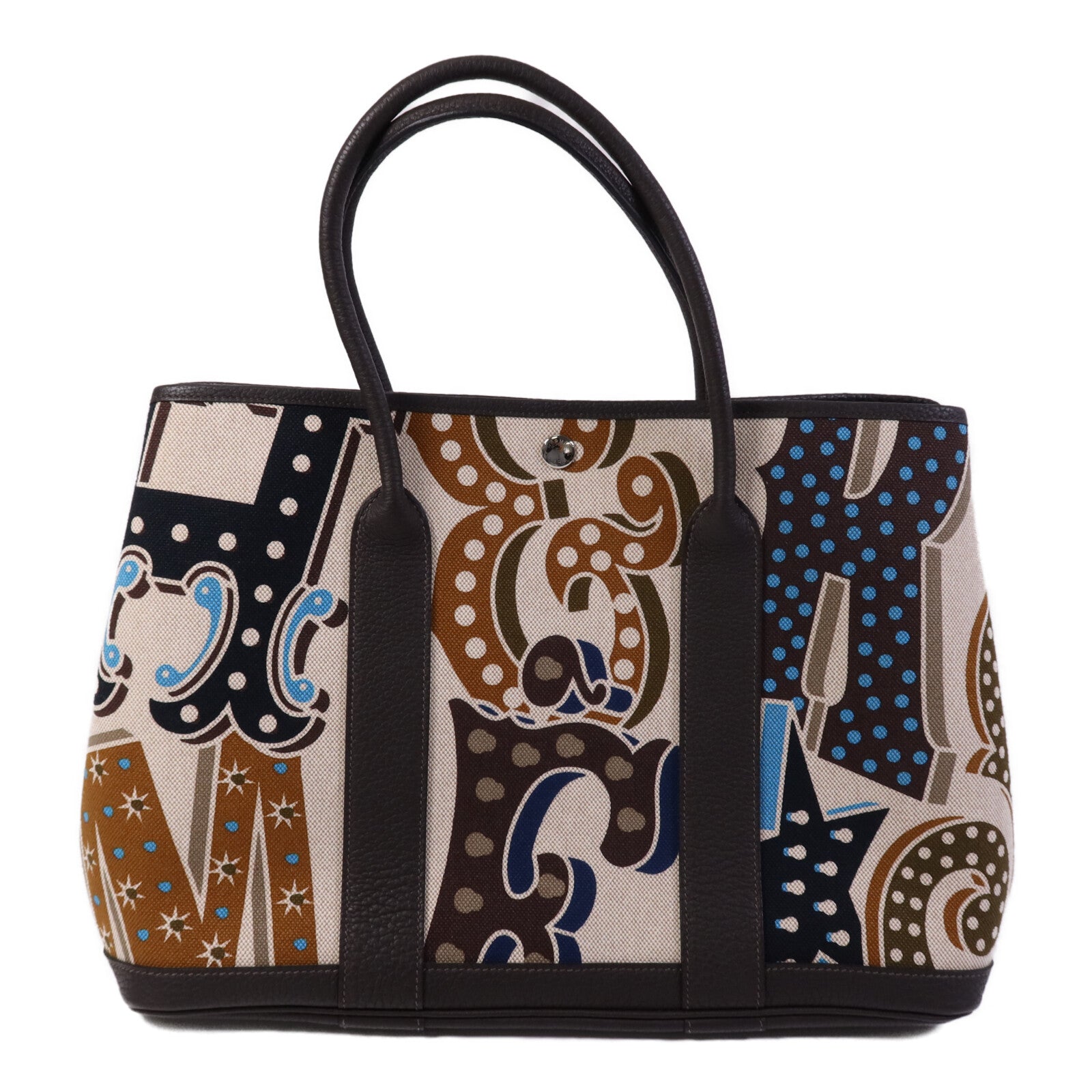 HERMES Toile H/Negonda皮革Garden Party PM銀扣手挽袋Ebene/Beige/Ecru