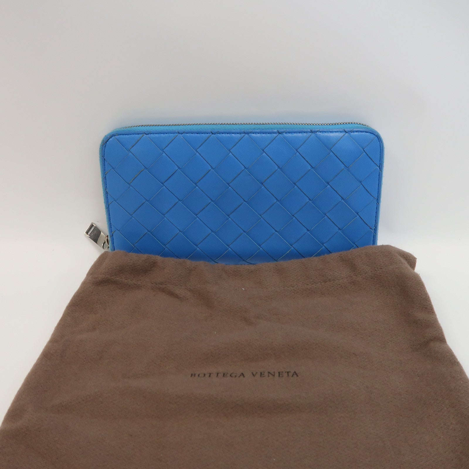 BOTTEGA VENETA 【激減優惠】織紋牛皮皮革Long Wallet銀扣長錢包藍色