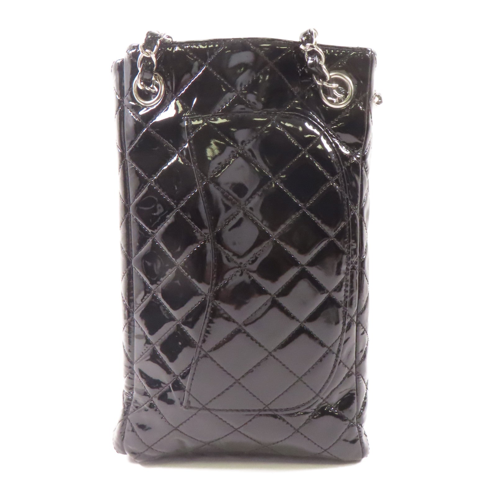CHANEL 漆皮皮革Upside Down銀扣鏈帶肩背袋黑色