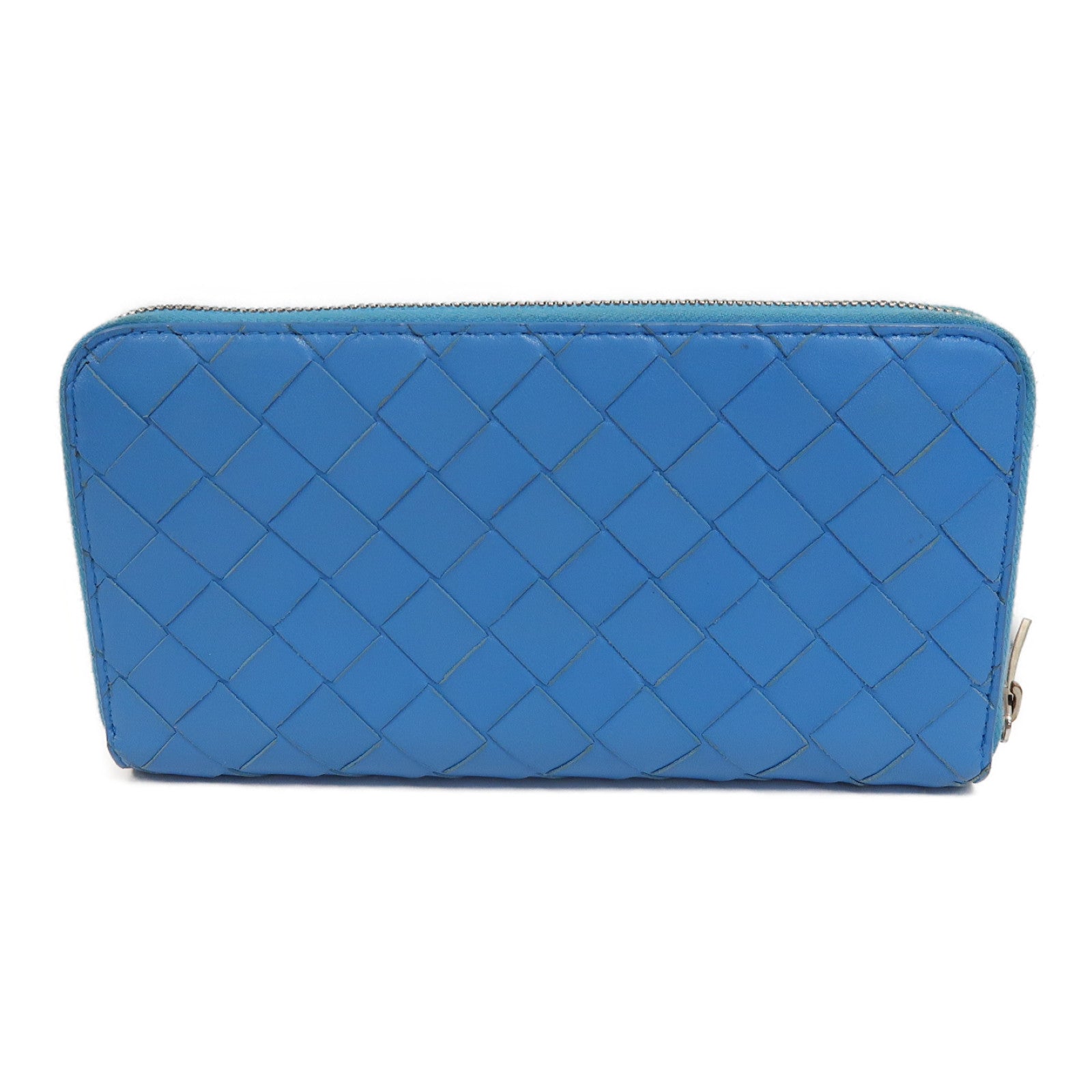 BOTTEGA VENETA 【激減優惠】織紋牛皮皮革Long Wallet銀扣長錢包藍色