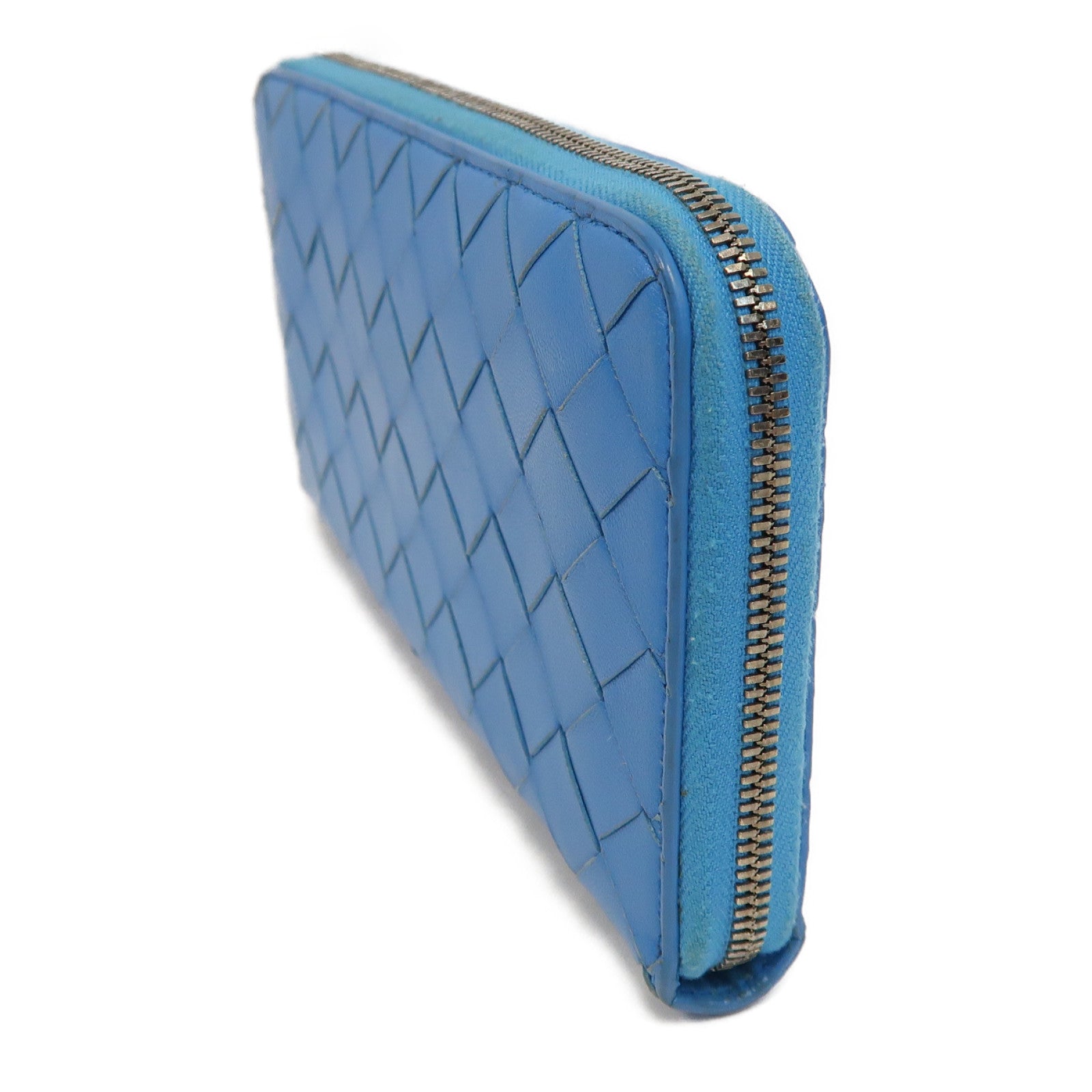 BOTTEGA VENETA 【激減優惠】織紋牛皮皮革Long Wallet銀扣長錢包藍色