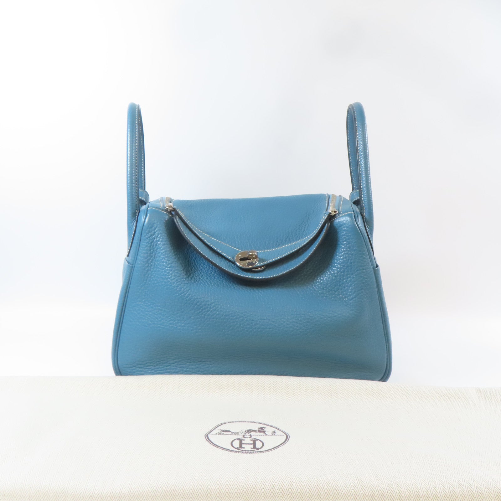HERMES Clemence皮革Lindy 30銀扣手挽肩背兩用袋Bleu Jean牛仔藍