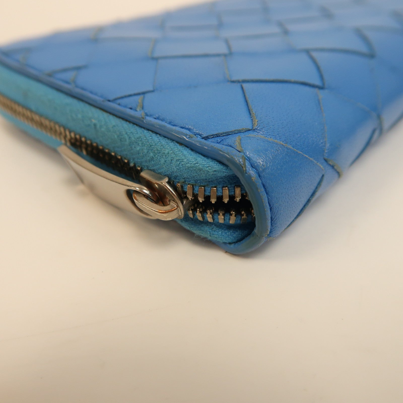 BOTTEGA VENETA 【激減優惠】織紋牛皮皮革Long Wallet銀扣長錢包藍色