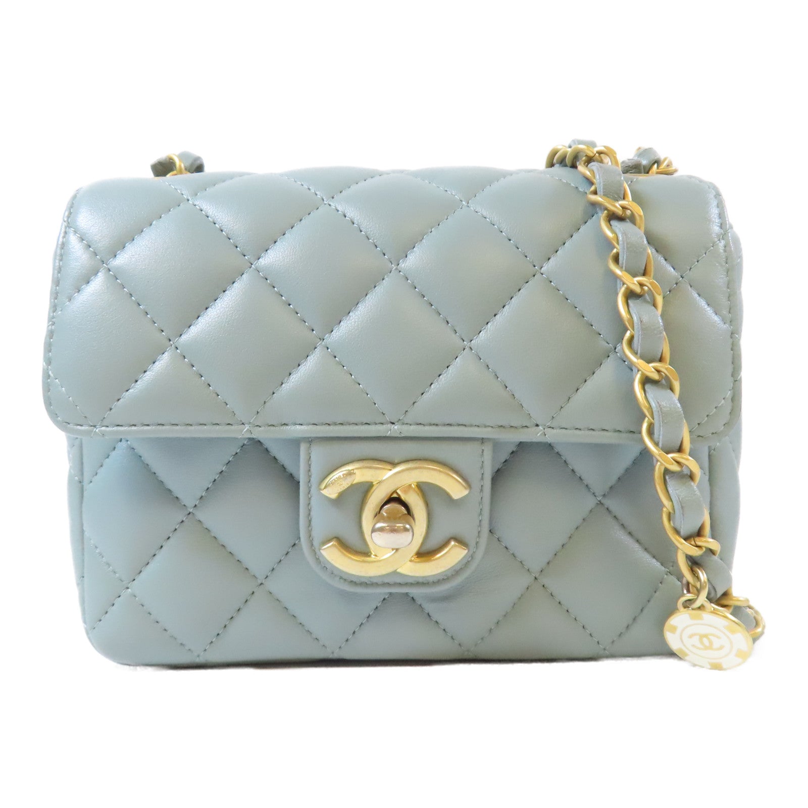 CHANEL 【激減優惠】菱格羊皮皮革Mini Flap金扣肩背袋淺灰色