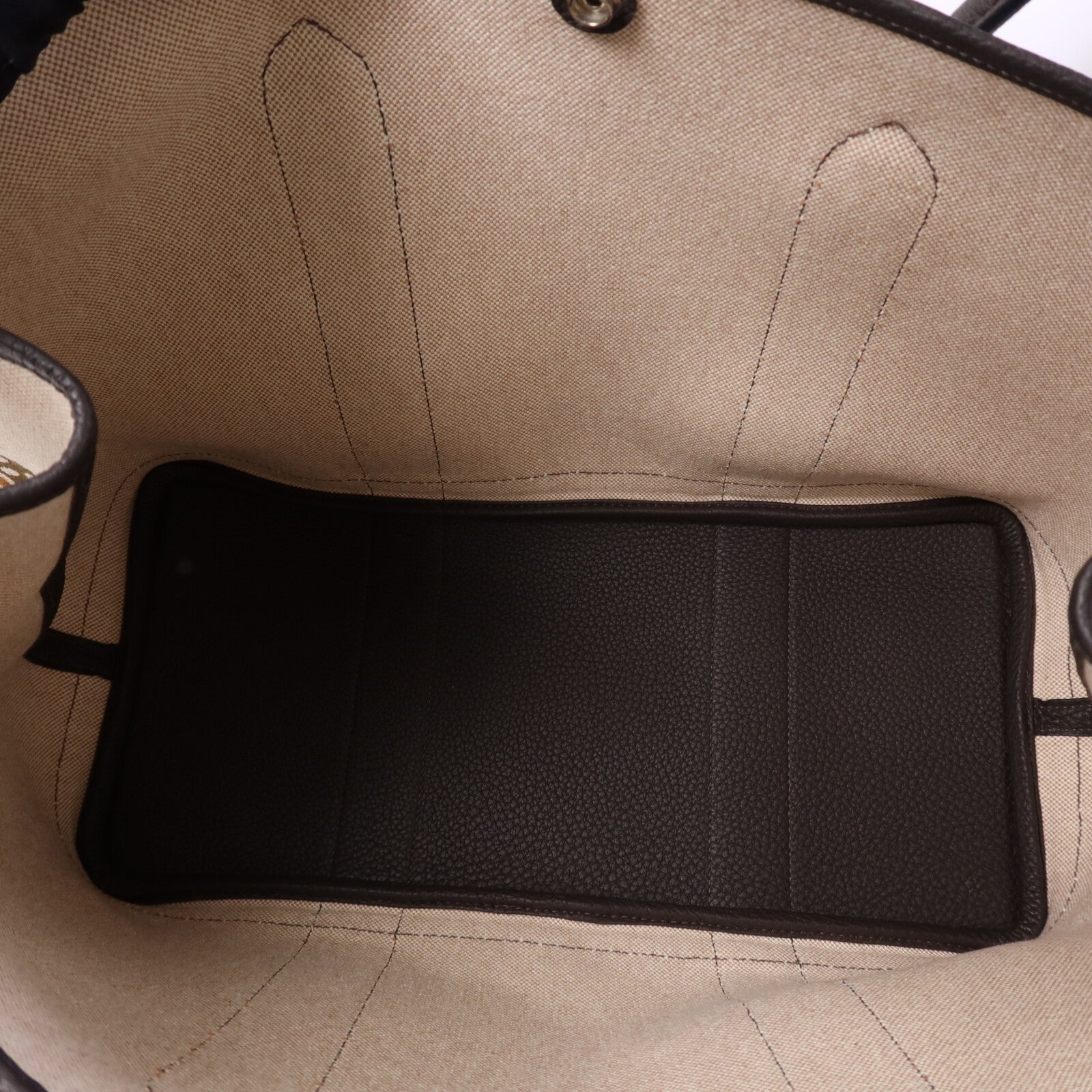 HERMES Toile H/Negonda皮革Garden Party PM銀扣手挽袋Ebene/Beige/Ecru