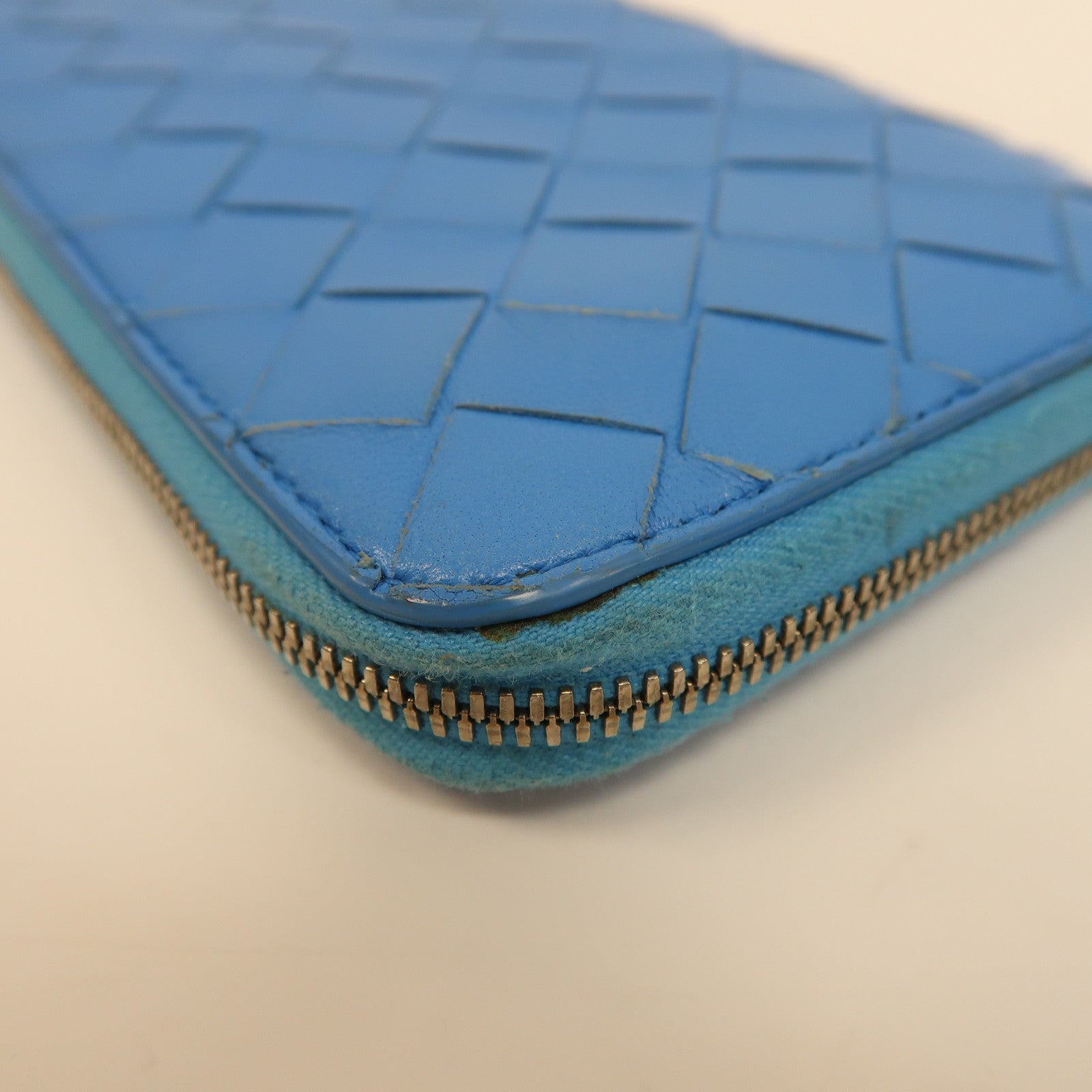 BOTTEGA VENETA 【激減優惠】織紋牛皮皮革Long Wallet銀扣長錢包藍色