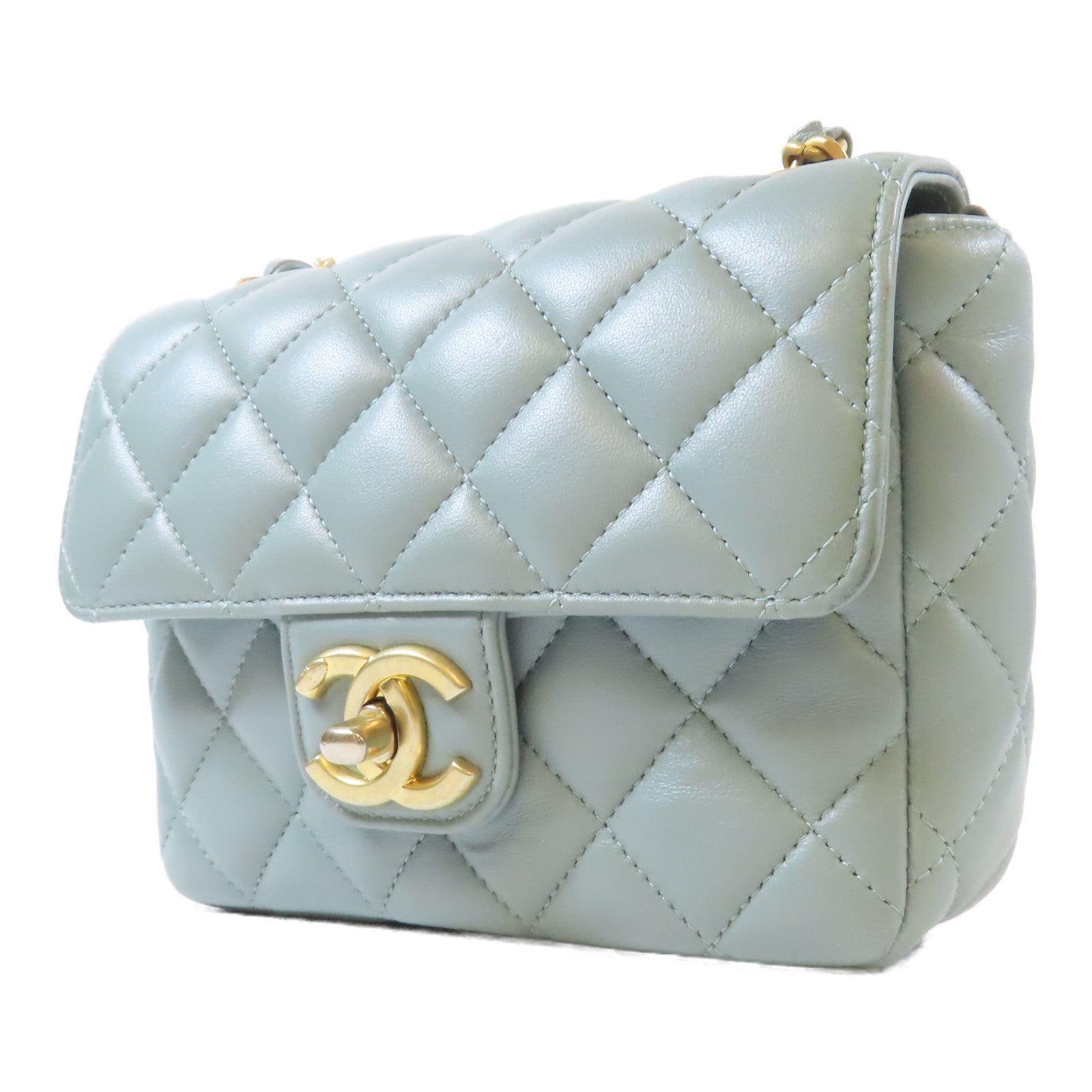 CHANEL 【激減優惠】菱格羊皮皮革Mini Flap金扣肩背袋淺灰色