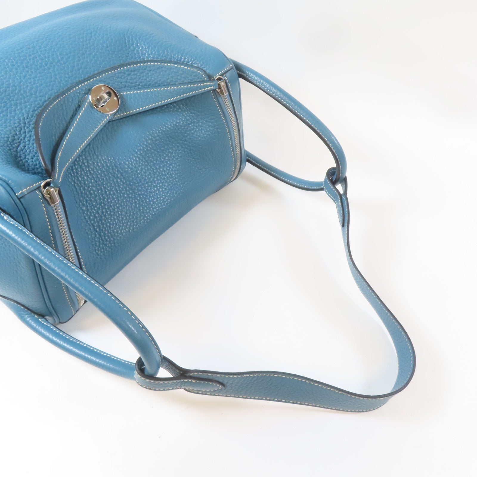 HERMES Clemence皮革Lindy 30銀扣手挽肩背兩用袋Bleu Jean牛仔藍