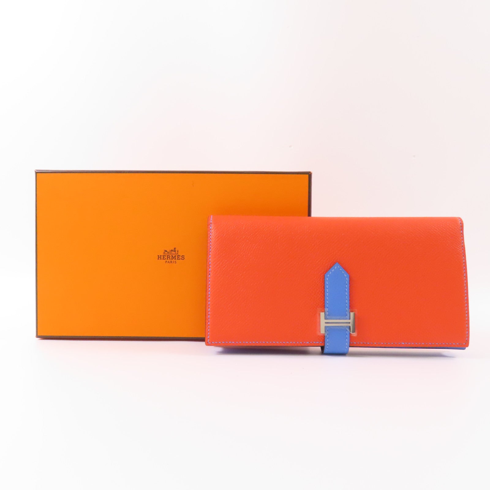 HERMES 【激減優惠】Epsom皮革Bearn Long Wallet銀扣長錢包Orange Poppy /Bleu Paradis