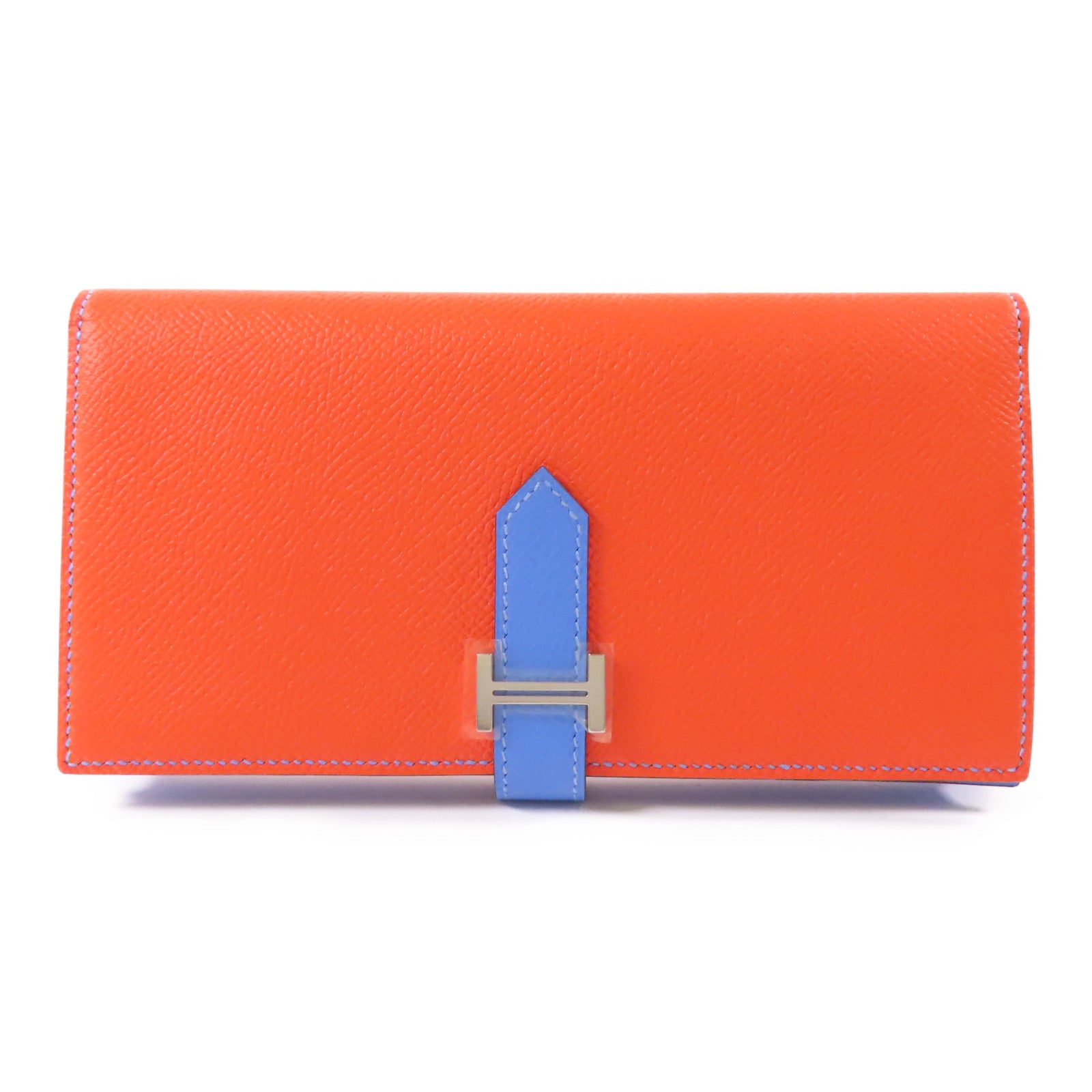 HERMES 【激減優惠】Epsom皮革Bearn Long Wallet銀扣長錢包Orange Poppy /Bleu Paradis
