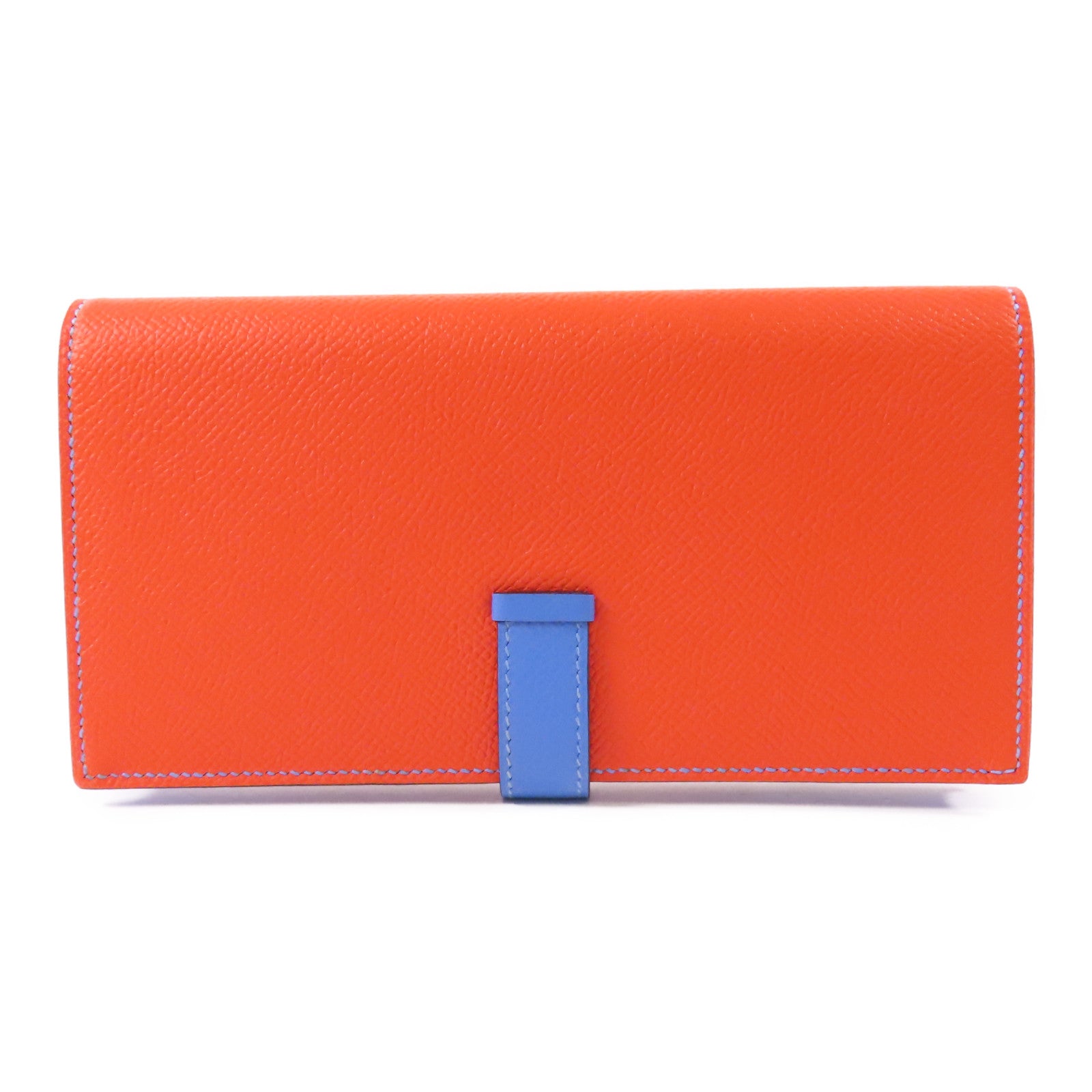 HERMES 【激減優惠】Epsom皮革Bearn Long Wallet銀扣長錢包Orange Poppy /Bleu Paradis