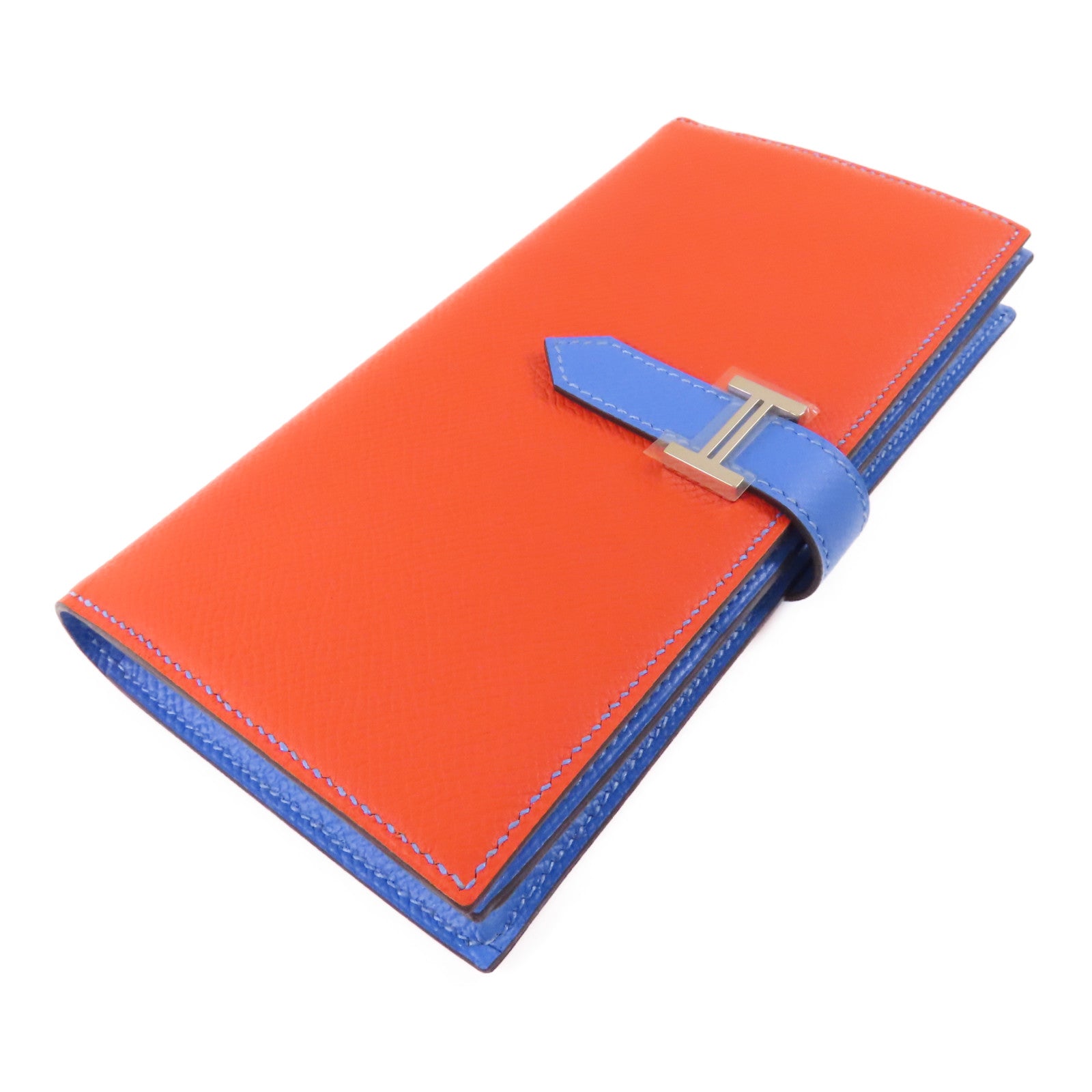 HERMES 【激減優惠】Epsom皮革Bearn Long Wallet銀扣長錢包Orange Poppy /Bleu Paradis
