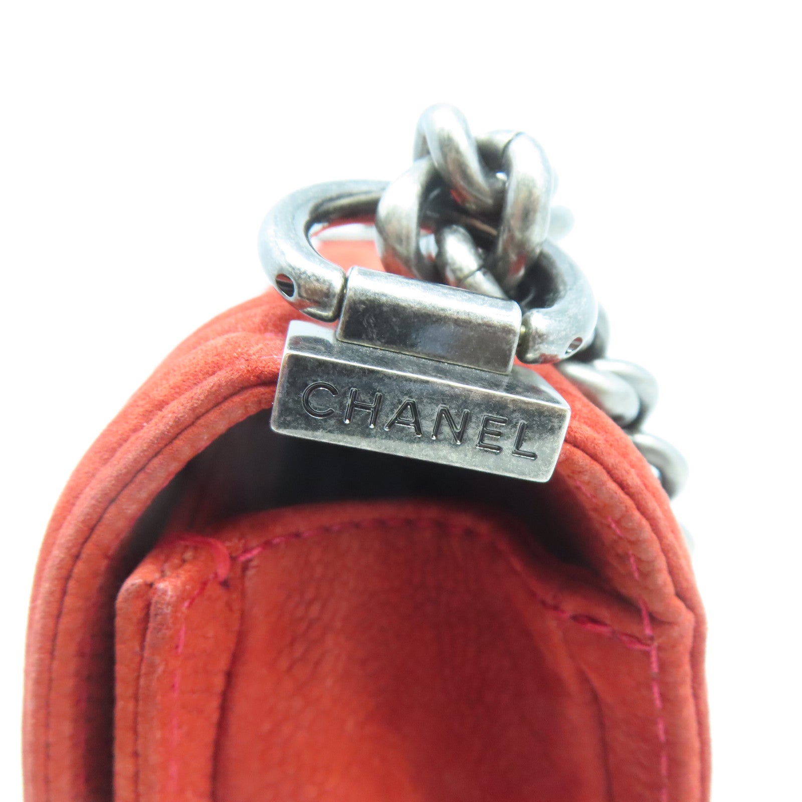 CHANEL **【清倉大減價】菱格牛皮皮革Boy Chanel銀扣鏈帶肩背袋紅色