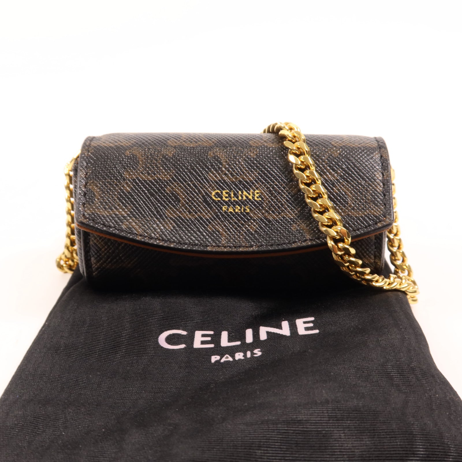 CELINE 塗層帆布Mini Macadam Lipstick Pouch金扣鏈帶唇膏盒