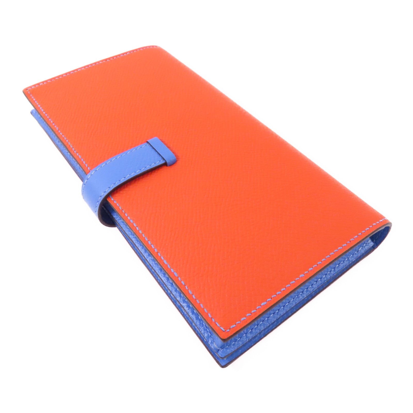HERMES 【激減優惠】Epsom皮革Bearn Long Wallet銀扣長錢包Orange Poppy /Bleu Paradis