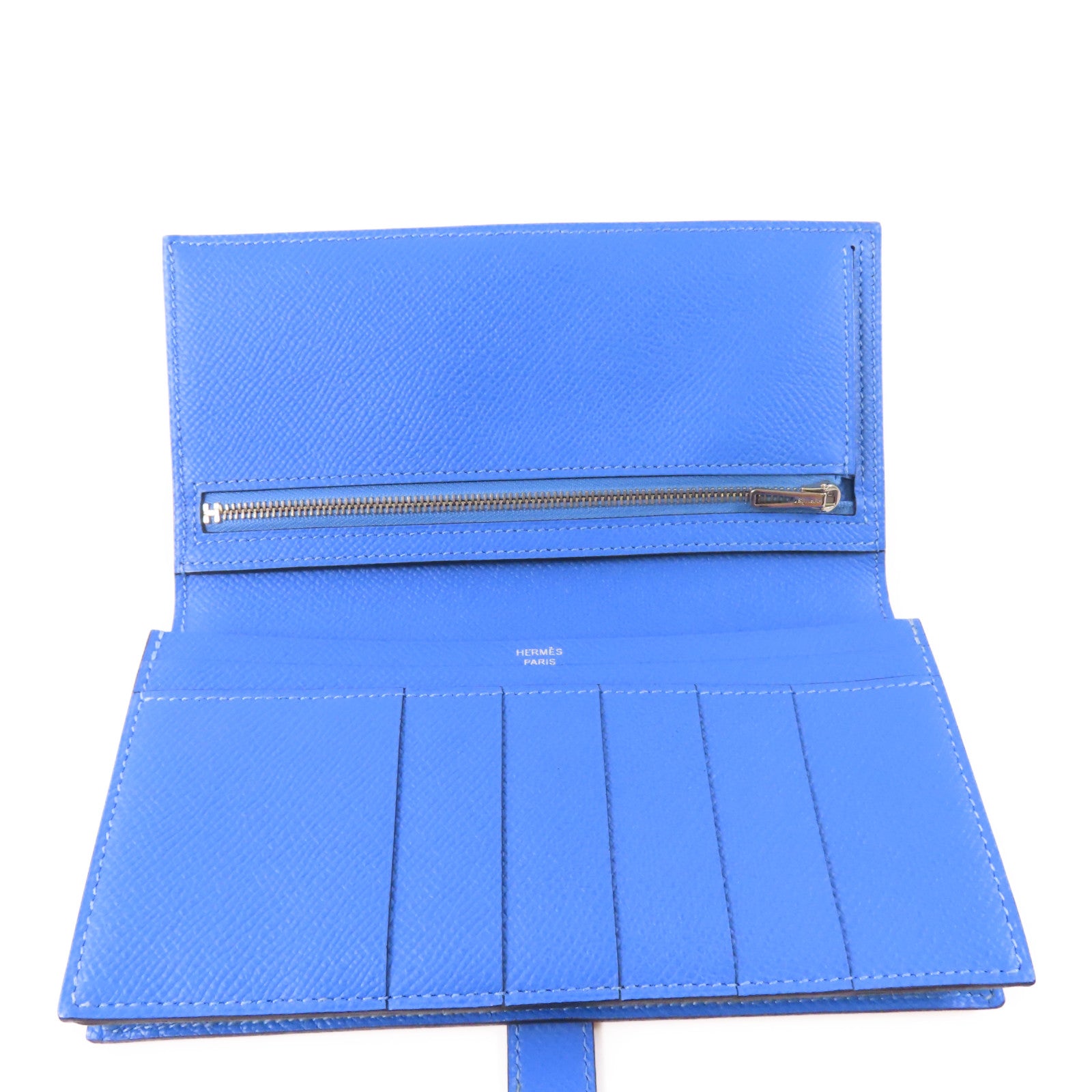 HERMES 【激減優惠】Epsom皮革Bearn Long Wallet銀扣長錢包Orange Poppy /Bleu Paradis