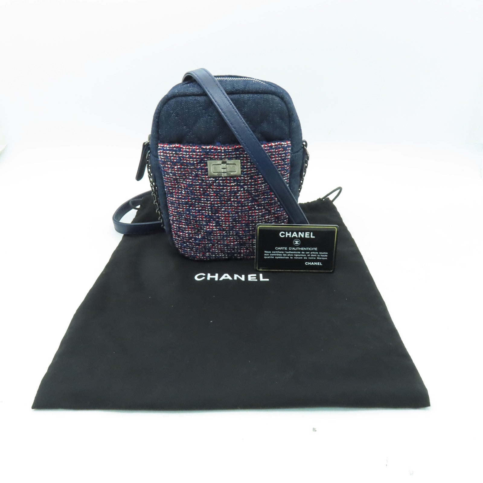 CHANEL 【清倉大減價】軟呢/牛仔布2.55Chain Shoulder Bag銀扣鏈帶肩背袋藍色