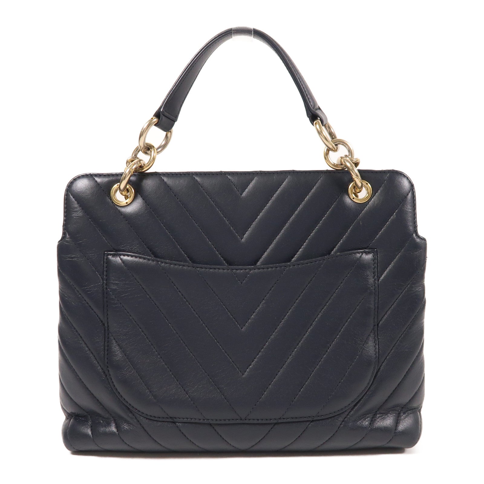 CHANEL 牛皮皮革Chevron V Stitch金扣鏈帶手挽肩背兩用袋