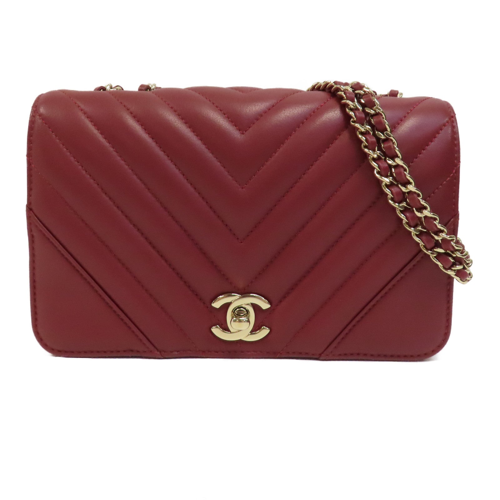 CHANEL 【激減優惠】斜紋牛皮皮革Chain Shoulder Bag金扣鏈帶肩背袋紅色