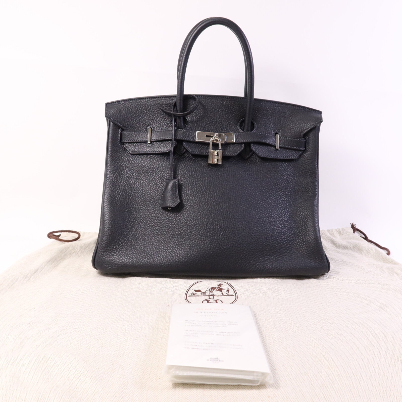 HERMES Clemence皮革Birkin 35銀扣手挽袋Noir/Blue Indigo