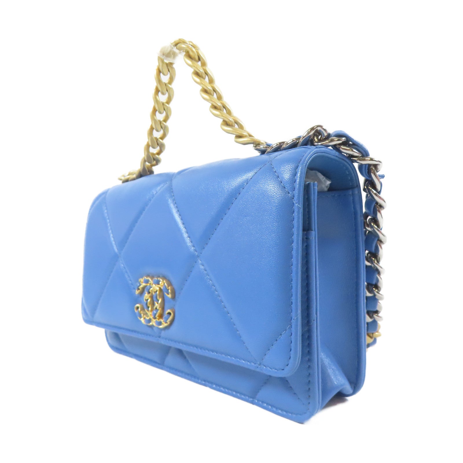 CHANEL 【激減優惠】菱格羊皮皮革19 WOC Wallet On Chain金扣手挽肩背兩用袋藍色
