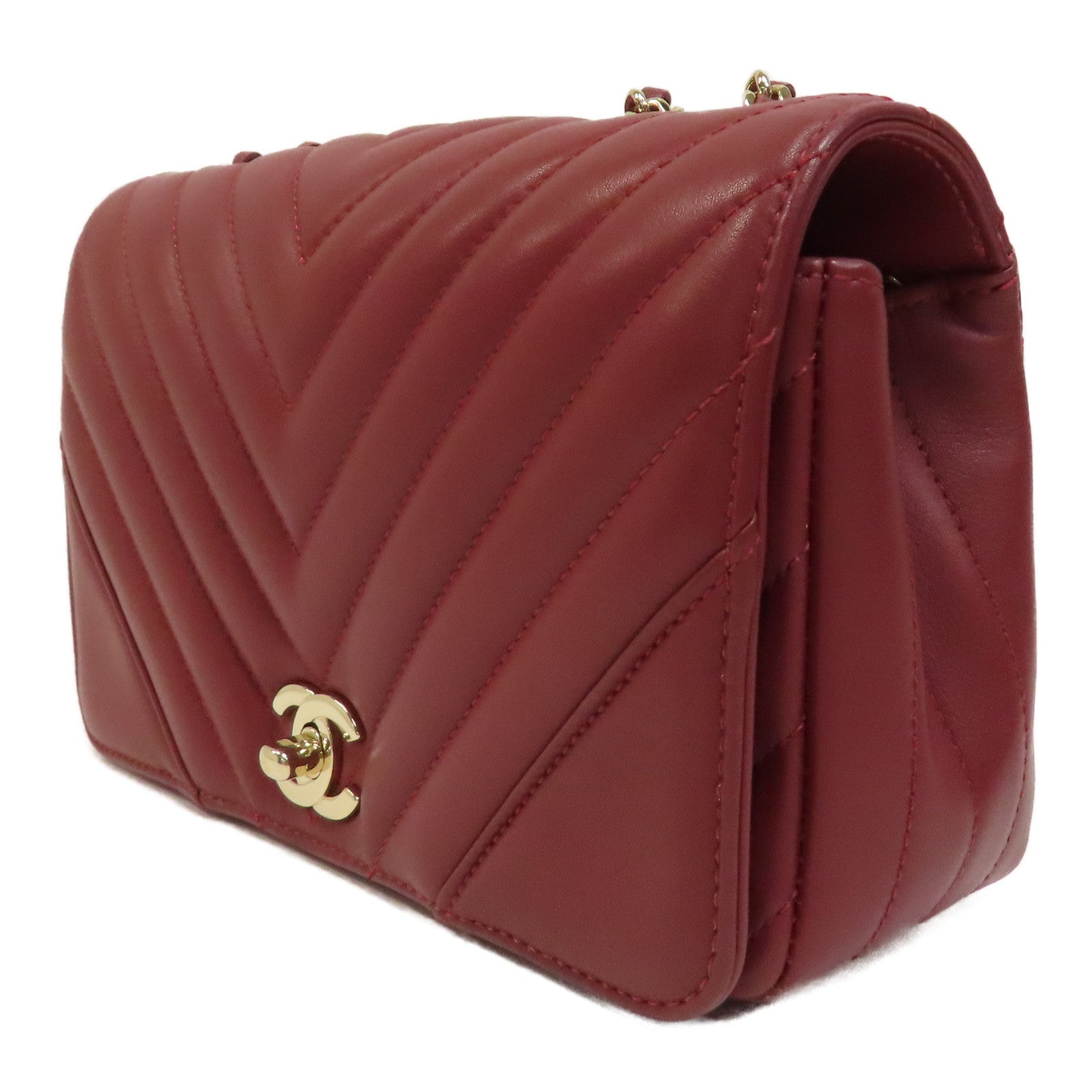 CHANEL 【激減優惠】斜紋牛皮皮革Chain Shoulder Bag金扣鏈帶肩背袋紅色