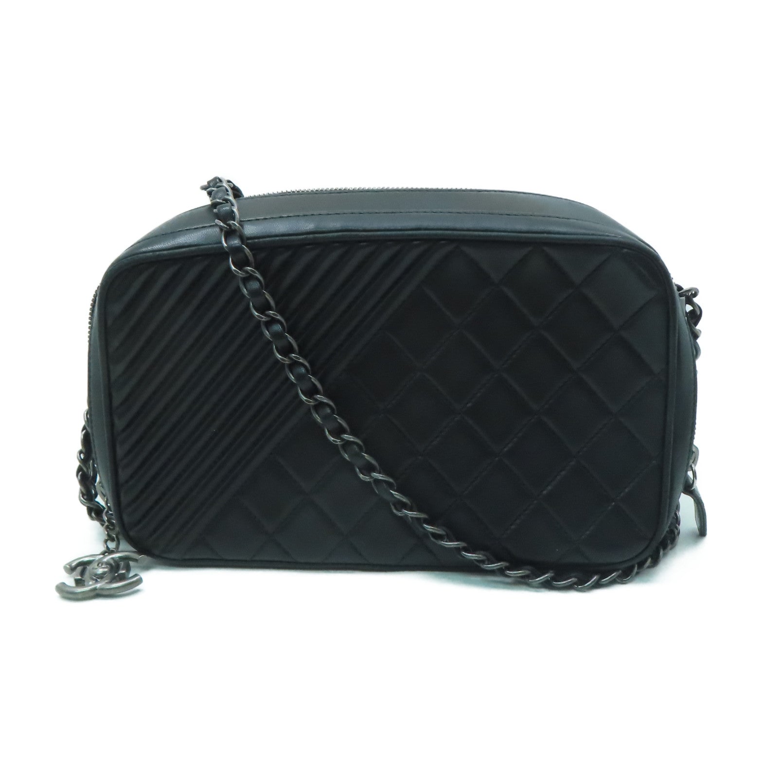 CHANEL **【激減優惠】菱格羊皮皮革Chain Shoulder銀扣鏈帶肩背袋黑色