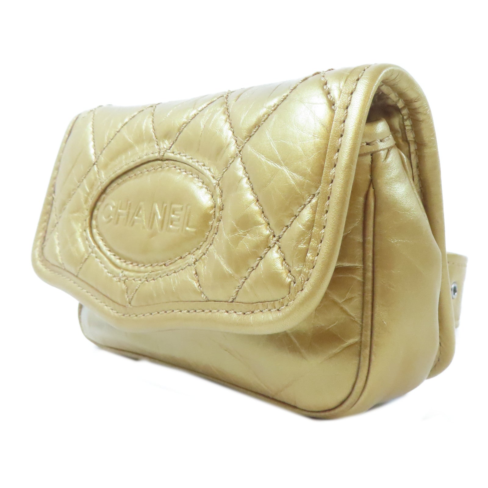 CHANEL 【激減優惠】菱格牛皮皮革Waist Bag銀扣腰包金色