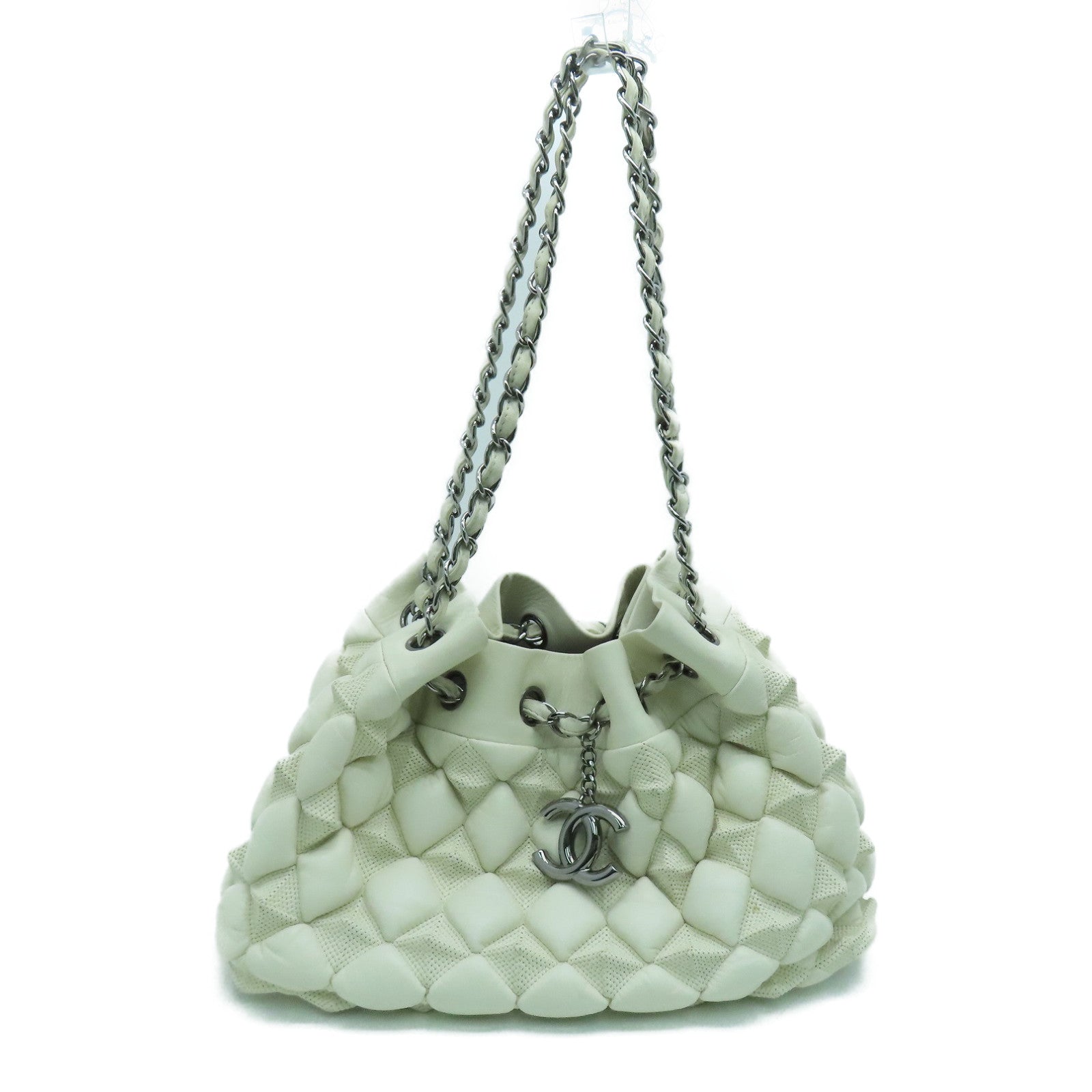 CHANEL 【激減優惠】菱格牛皮皮革Shoulder Bag銀扣肩背袋白色