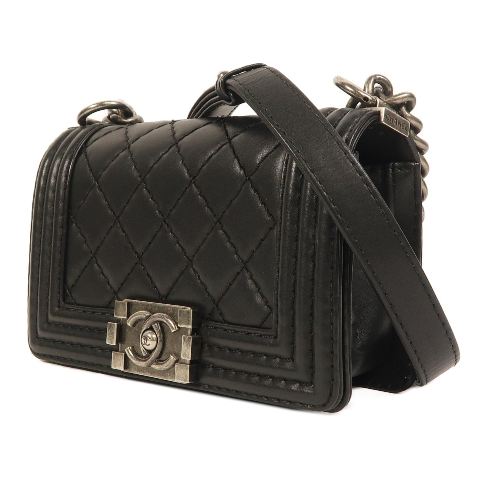 CHANEL 牛皮皮革Boy 20銀扣鏈帶肩背袋