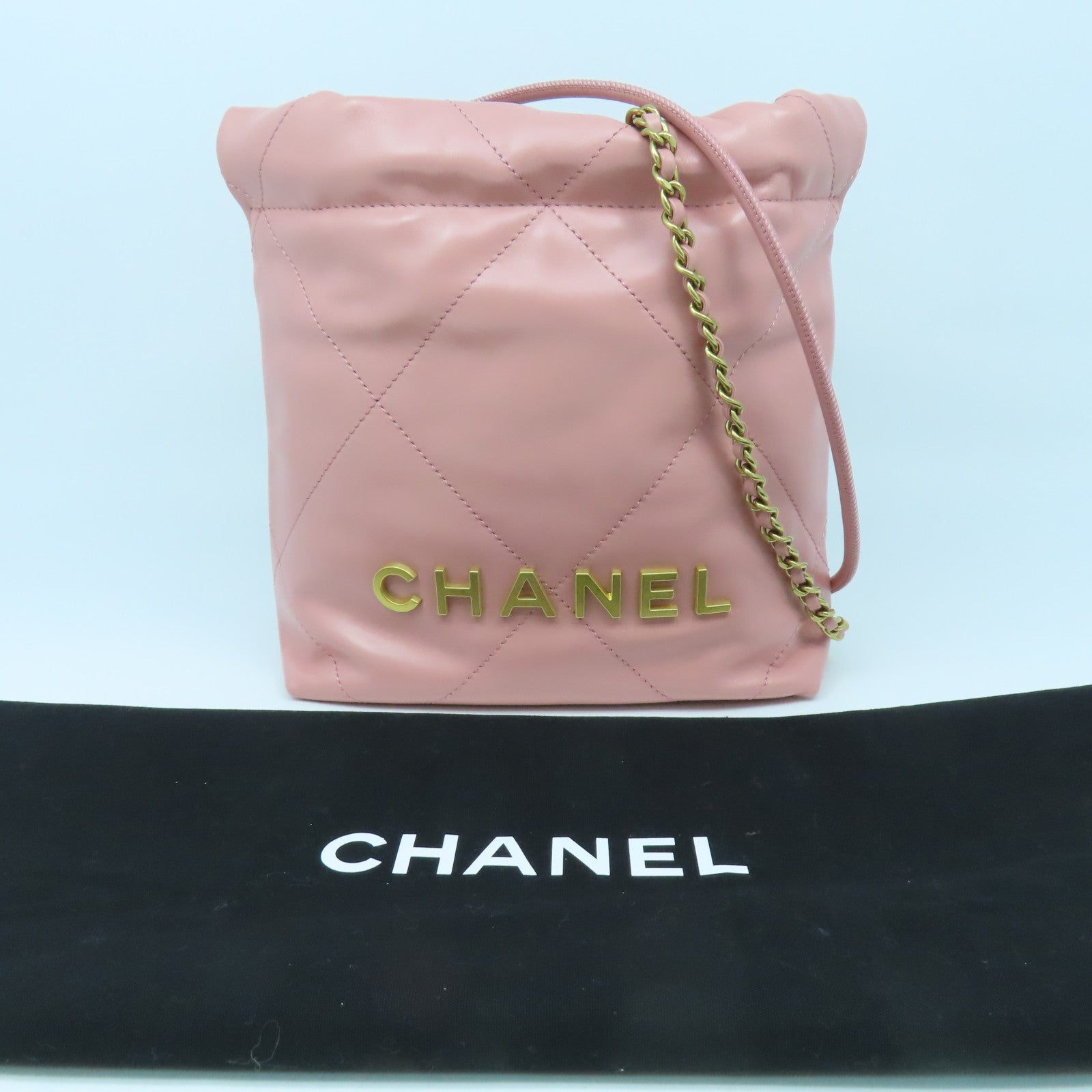 CHANEL 【激減優惠】菱格牛皮皮革Mini C22金扣鏈帶肩背袋粉紅色