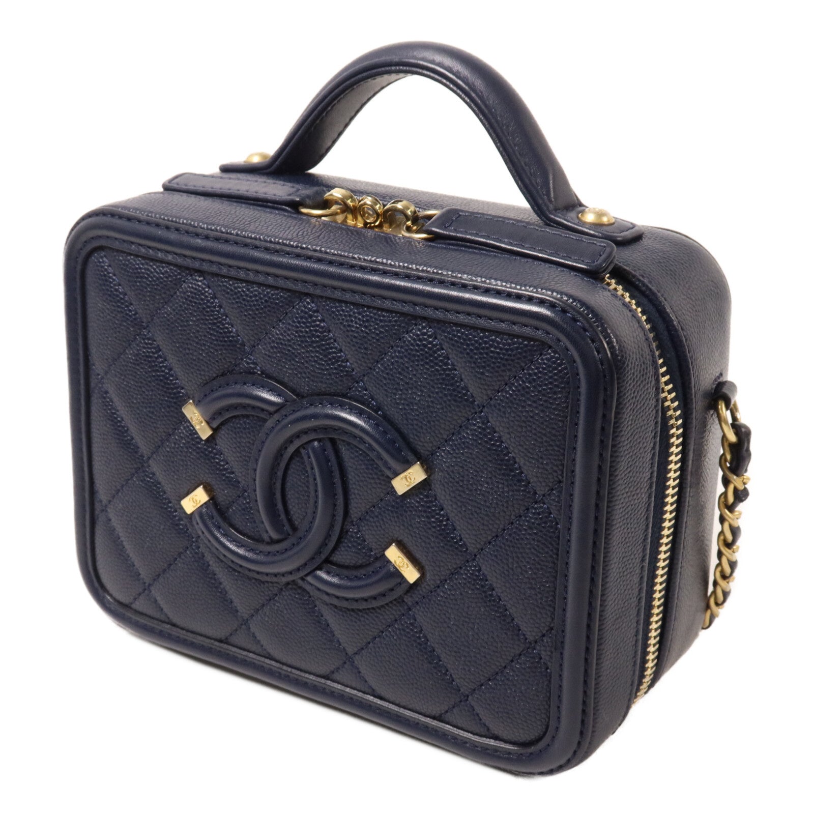 CHANEL 牛皮皮革Filigree Vanity Case鏈帶手挽肩背兩用袋