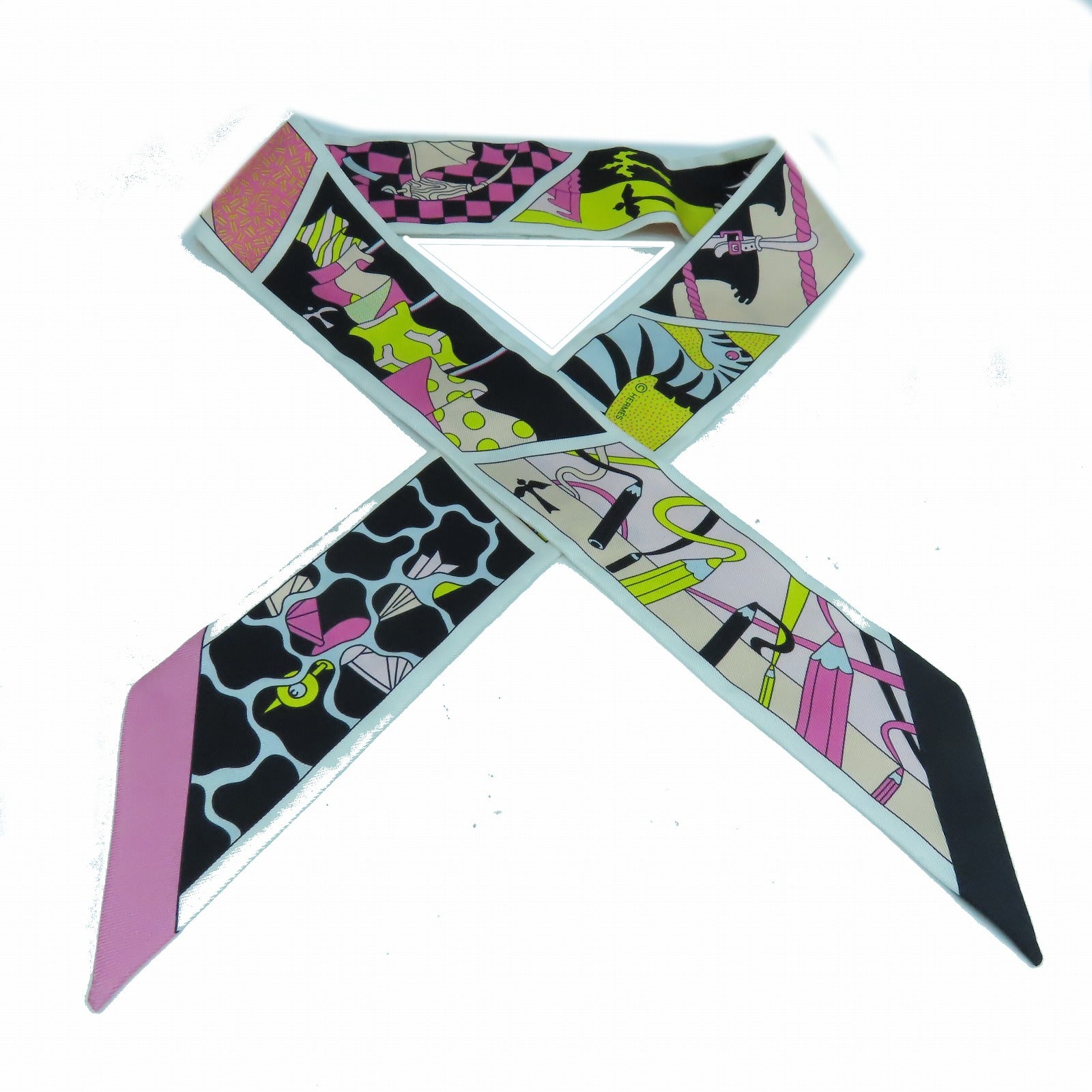 HERMES 【激減優惠】絲質Twilly Scarf絲巾白色/粉紅色