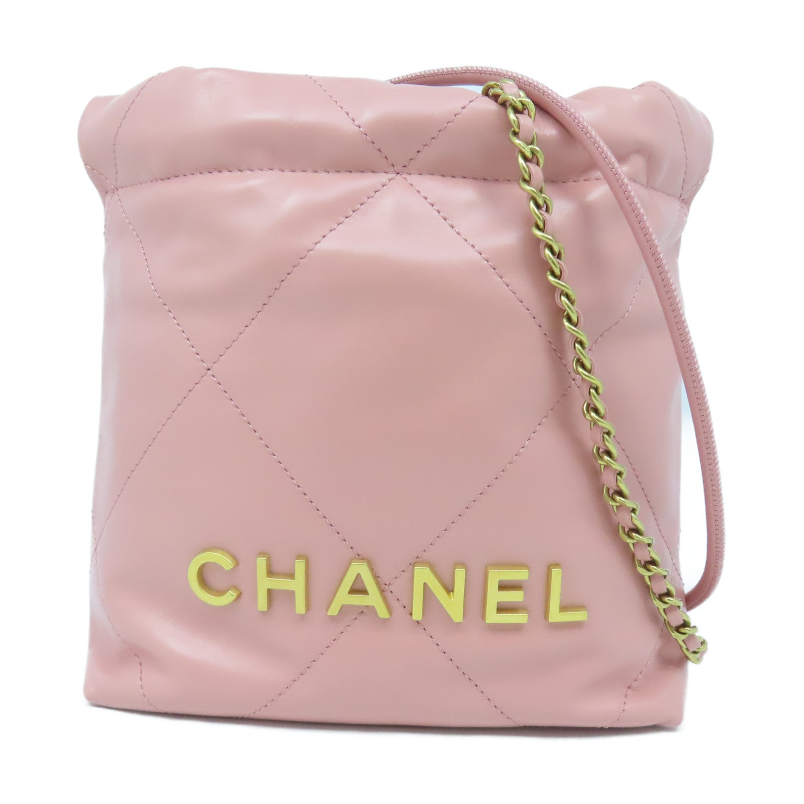 CHANEL 【激減優惠】菱格牛皮皮革Mini C22金扣鏈帶肩背袋粉紅色