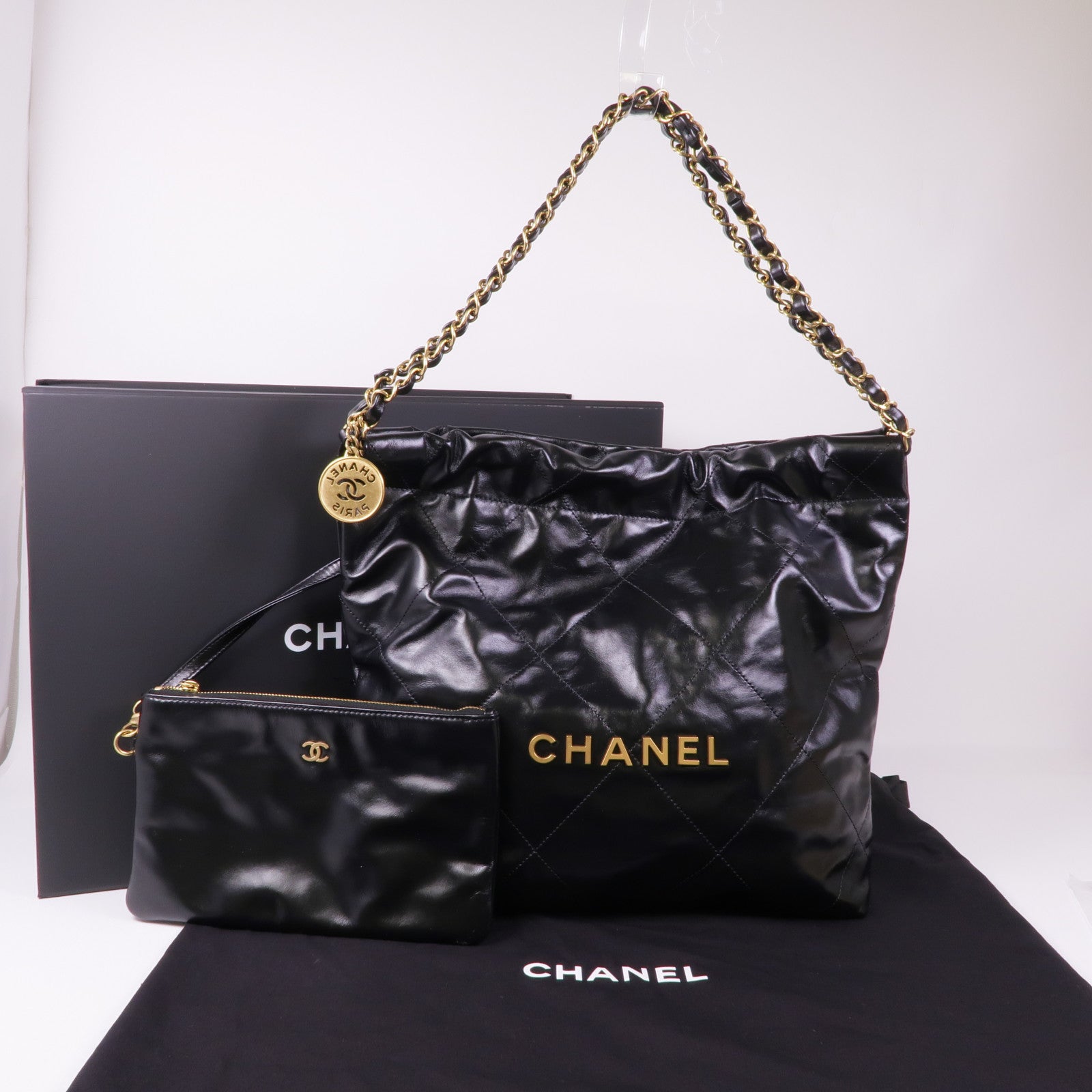 CHANEL 牛皮皮革Chanel 22金扣鏈帶肩背袋