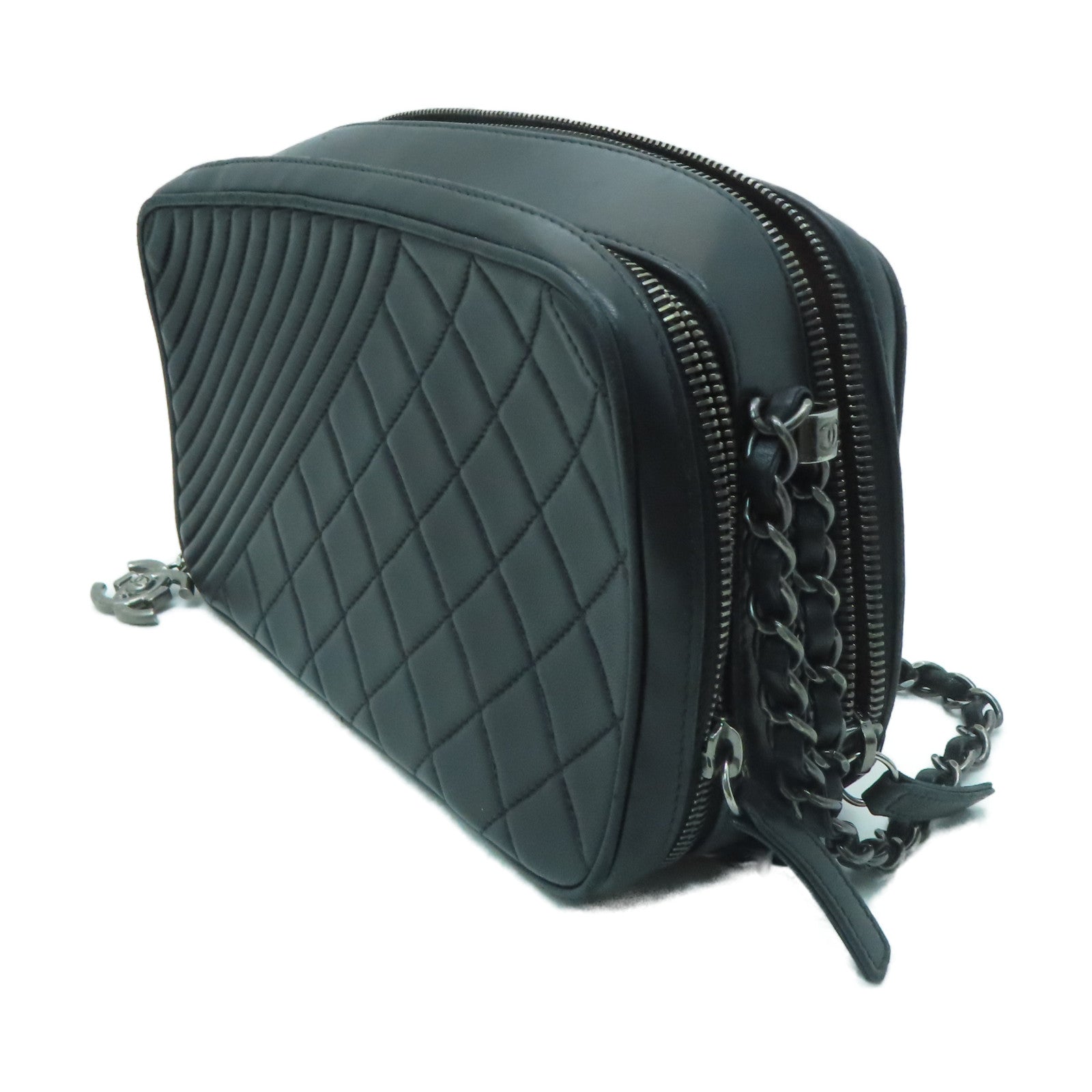 CHANEL **【激減優惠】菱格羊皮皮革Chain Shoulder銀扣鏈帶肩背袋黑色