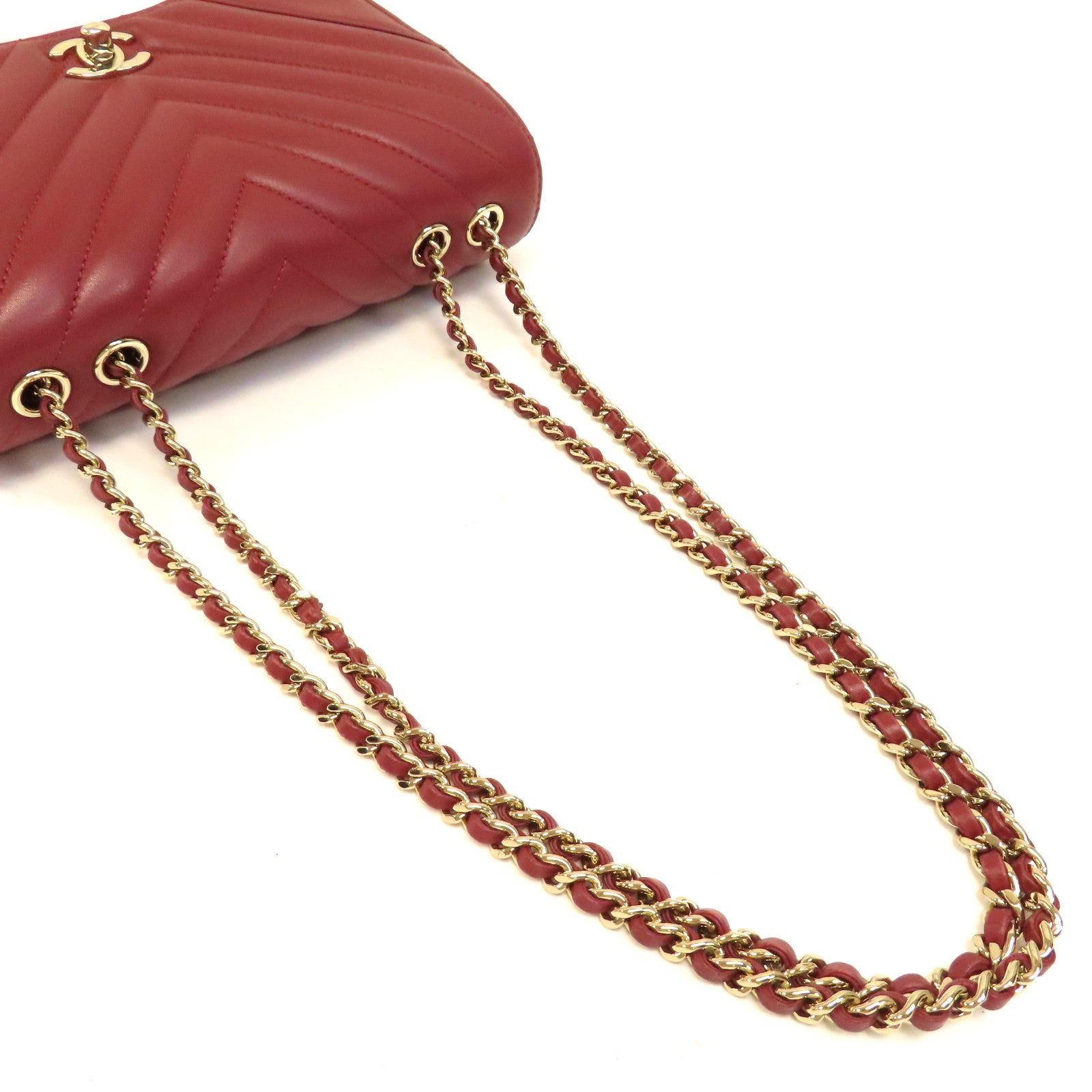 CHANEL 【激減優惠】斜紋牛皮皮革Chain Shoulder Bag金扣鏈帶肩背袋紅色