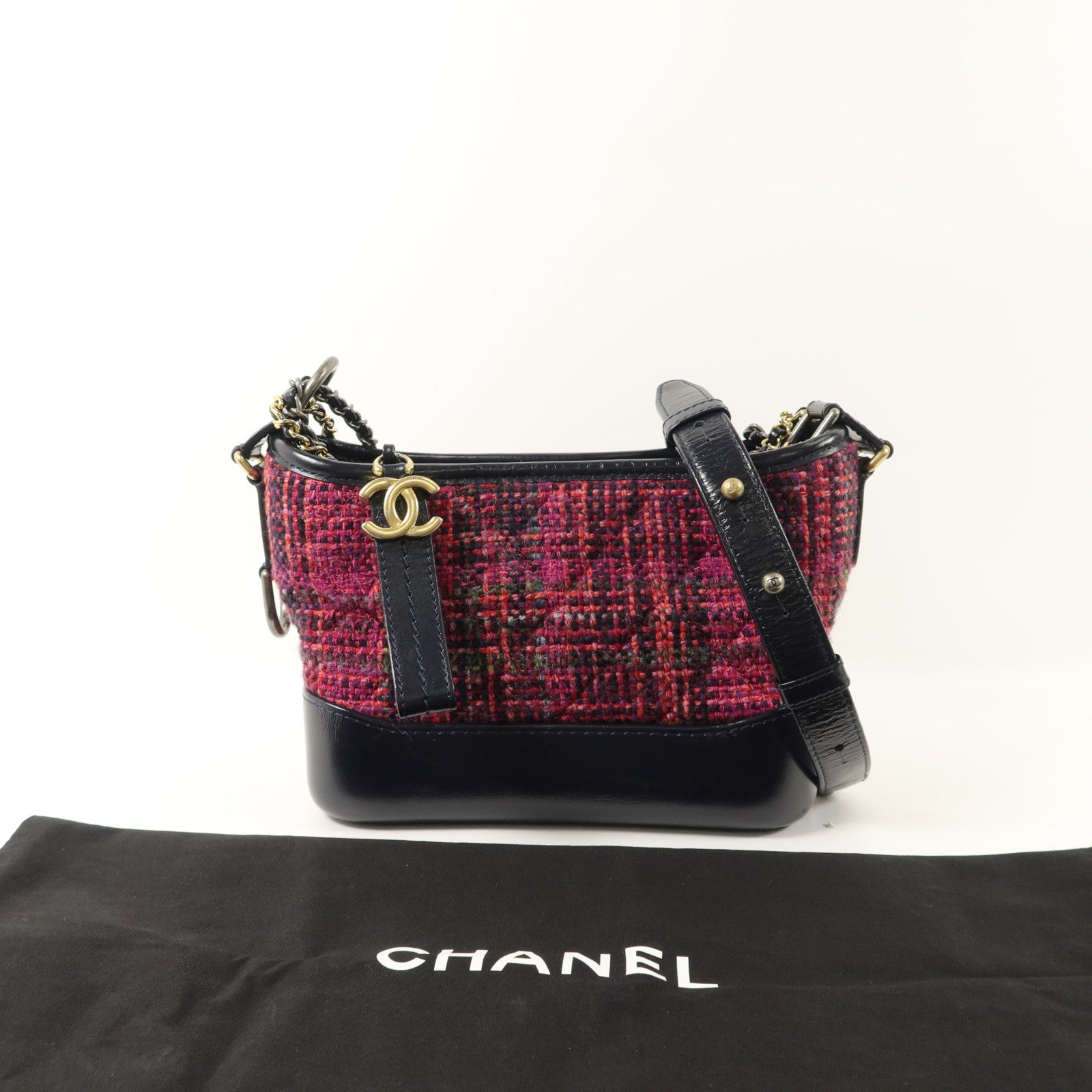 CHANEL 斜紋軟呢/牛皮皮革Gabrielle Small鏈帶肩背袋