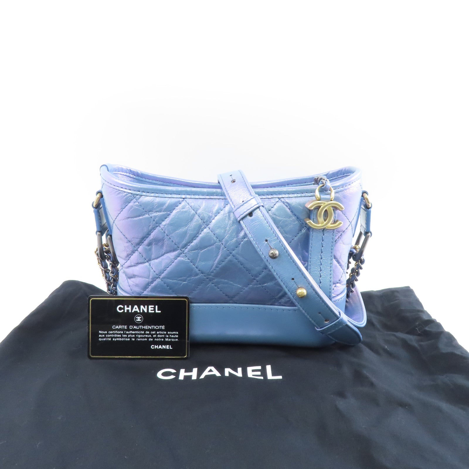 CHANEL 菱格羊皮皮革Gabrielle Small鏈帶肩背袋藍色