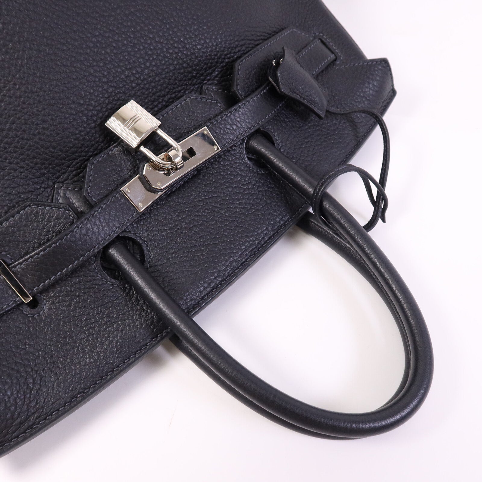 HERMES Clemence皮革Birkin 35銀扣手挽袋Noir/Blue Indigo
